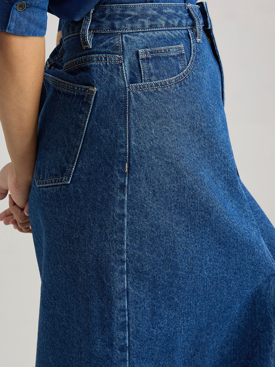 Navy Blue Denim Front Slit Maxi Skirt