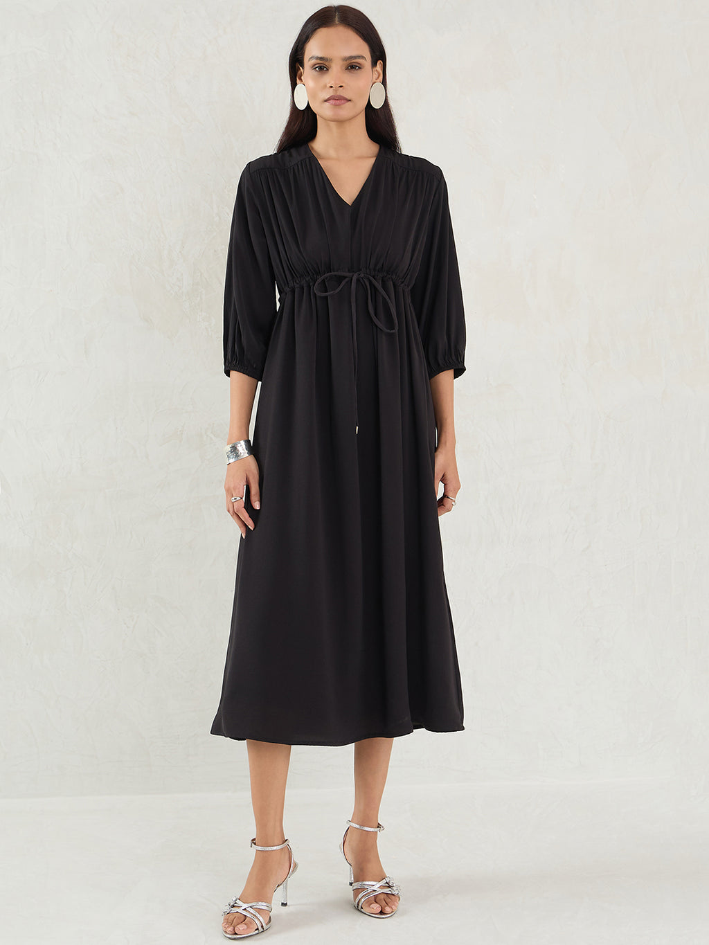 Off the Shoulder Ruched Black A Line Pleated Satin Midi Formal Dress