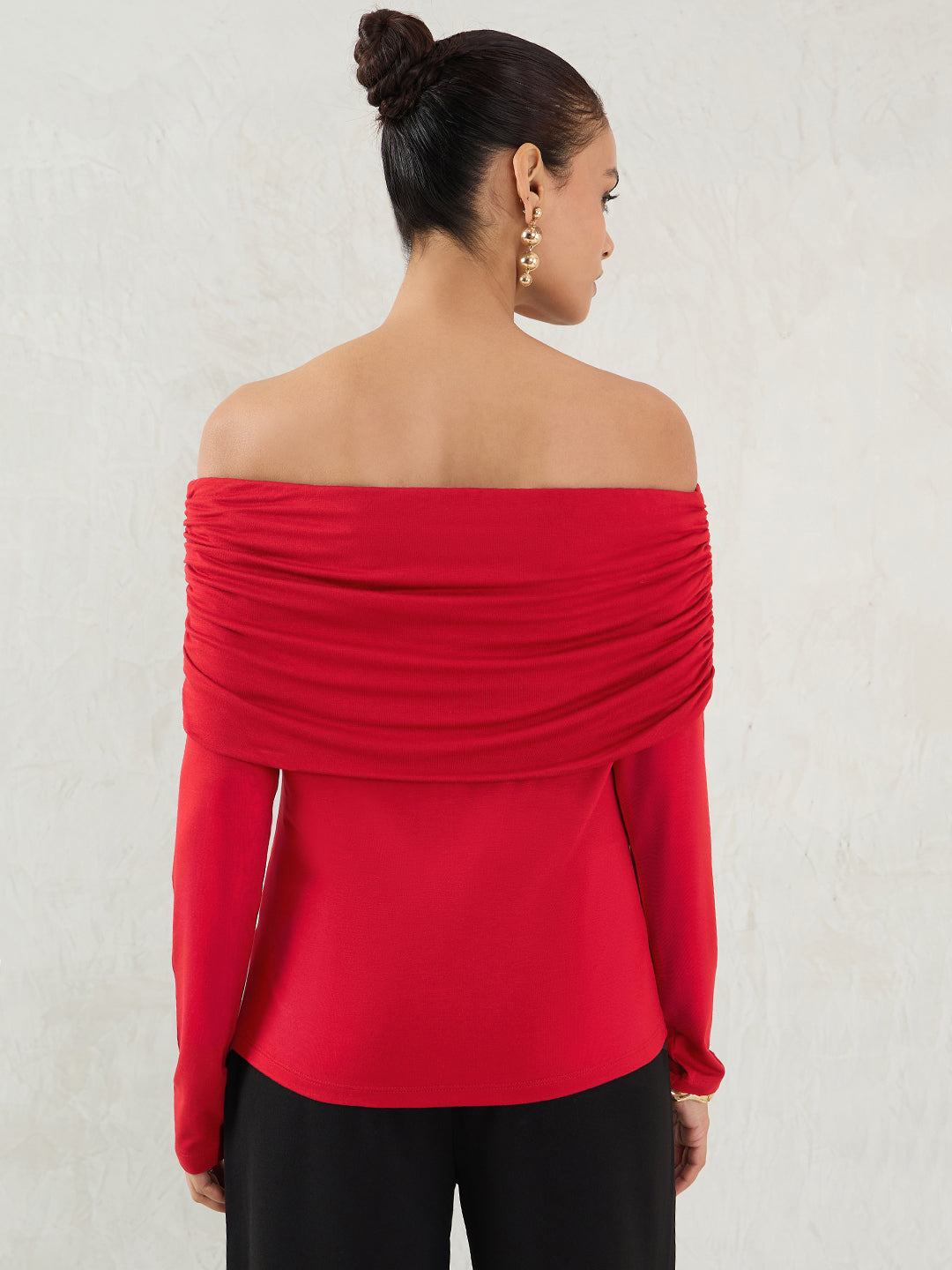 Bamboo Red Knit Off Shoulder Top