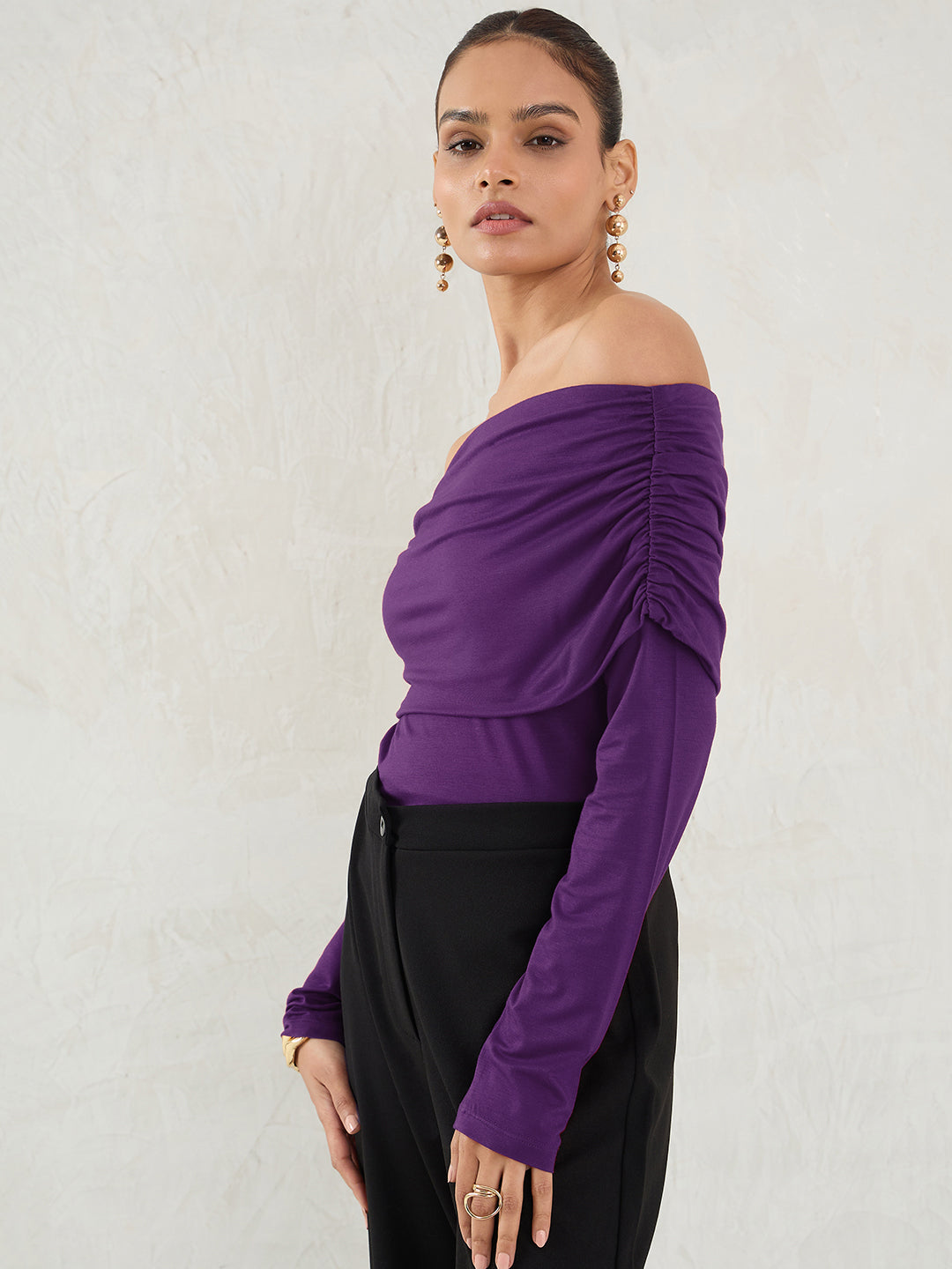 Bamboo Deep Purple Knit Off Shoulder Top