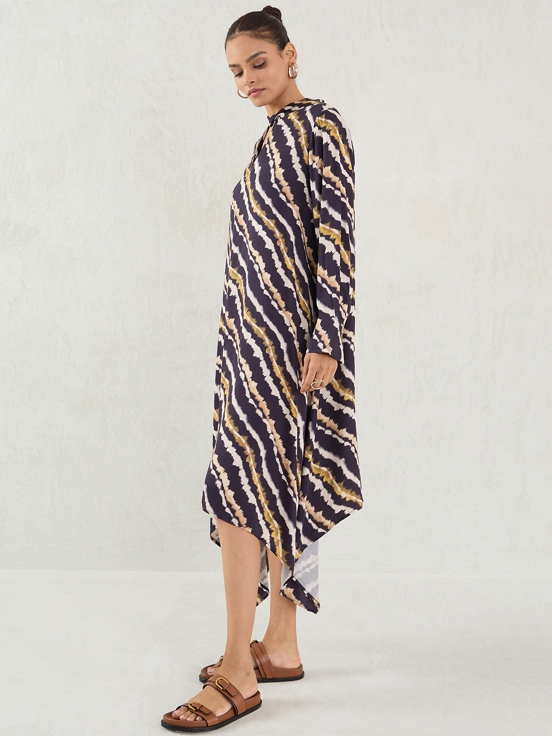 Black Abstract Print Asymmetric Midi Dress
