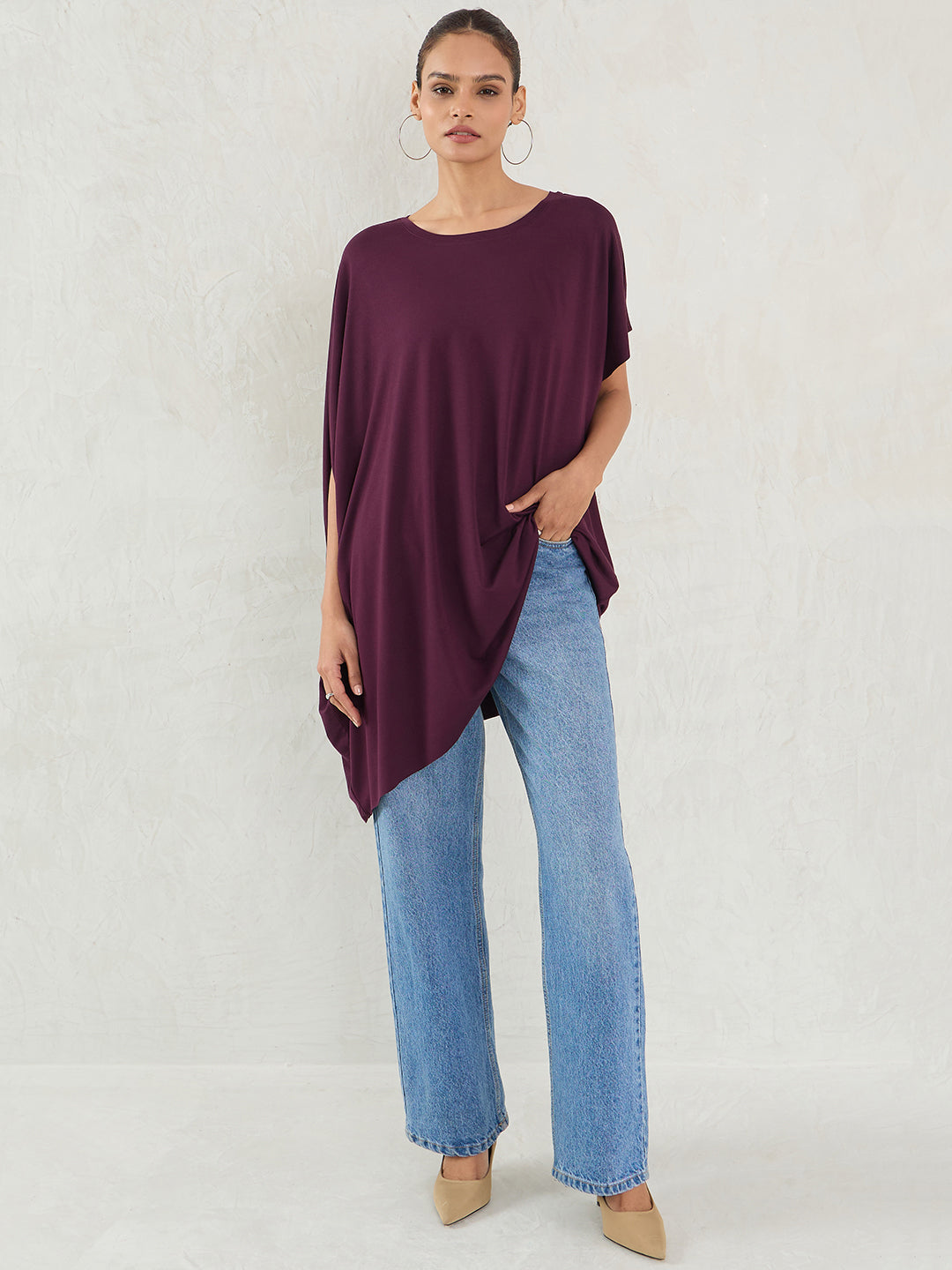 Bamboo Wine Knit Oversize Asymmetrical Top