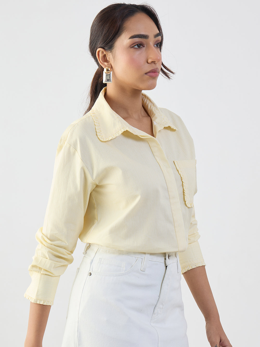 Yellow Cotton Stripe Frill Detail Shirt