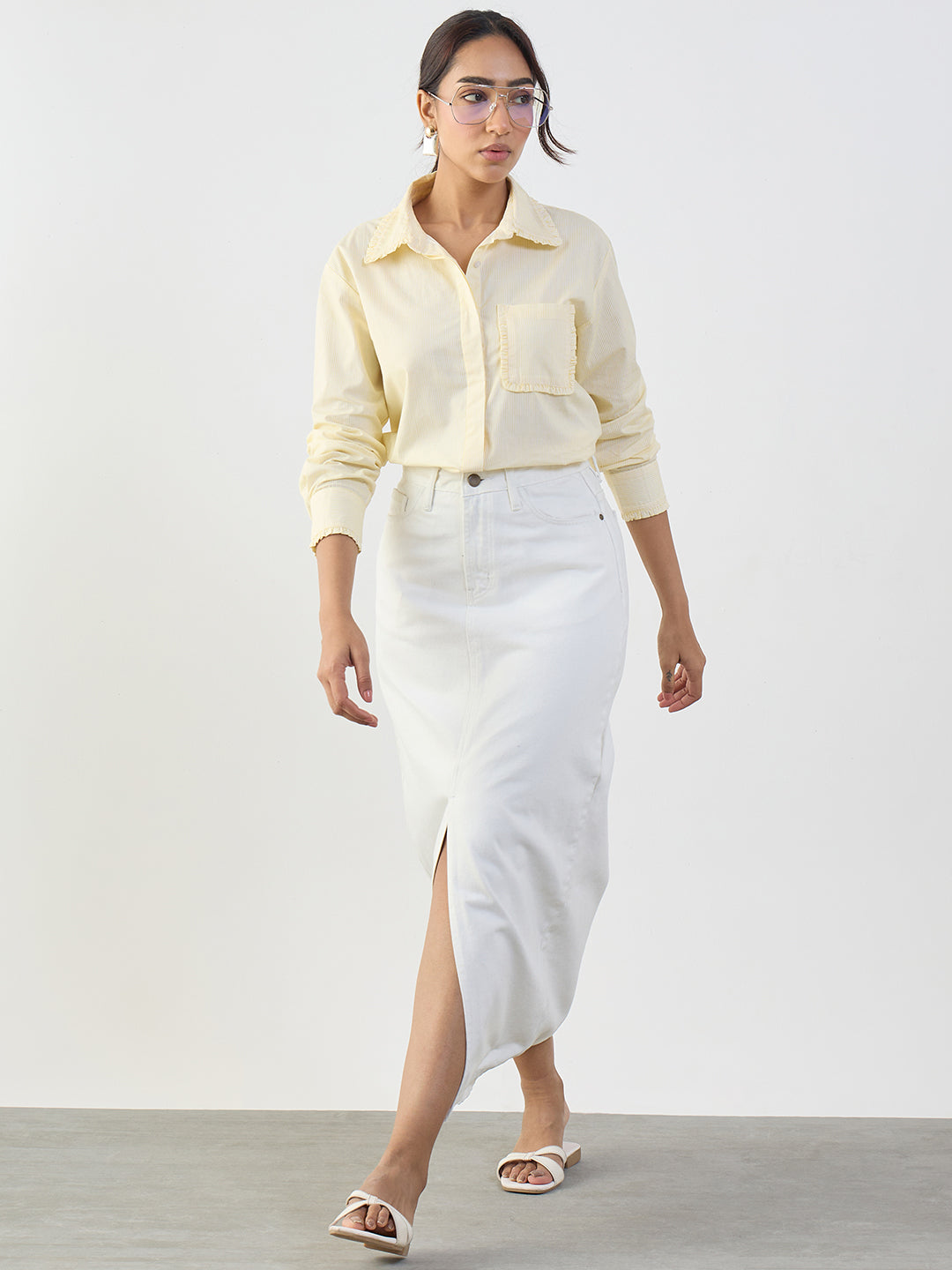 Yellow Cotton Stripe Frill Detail Shirt