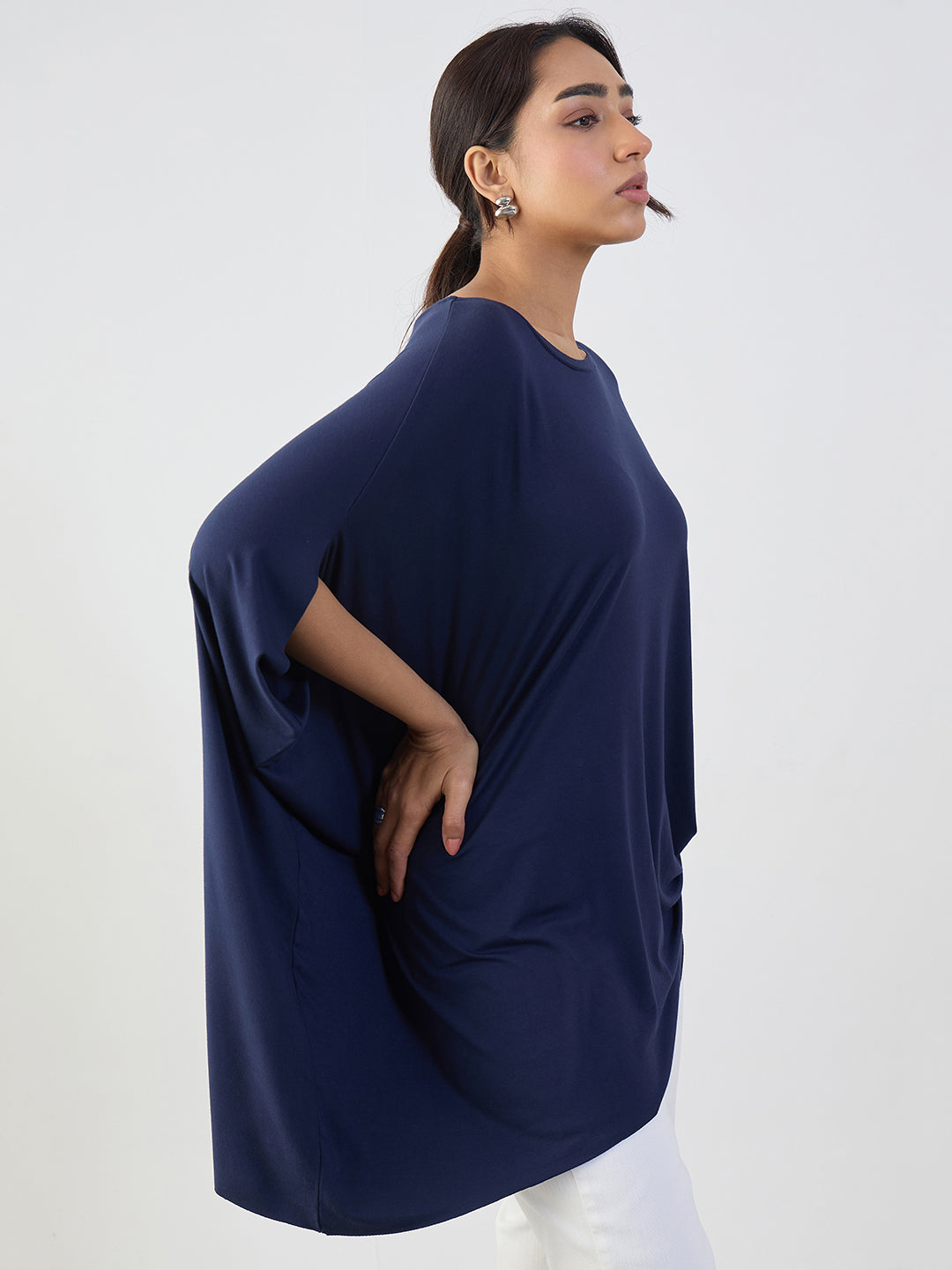 Bamboo Navy Knit Oversize Asymmetrical Top