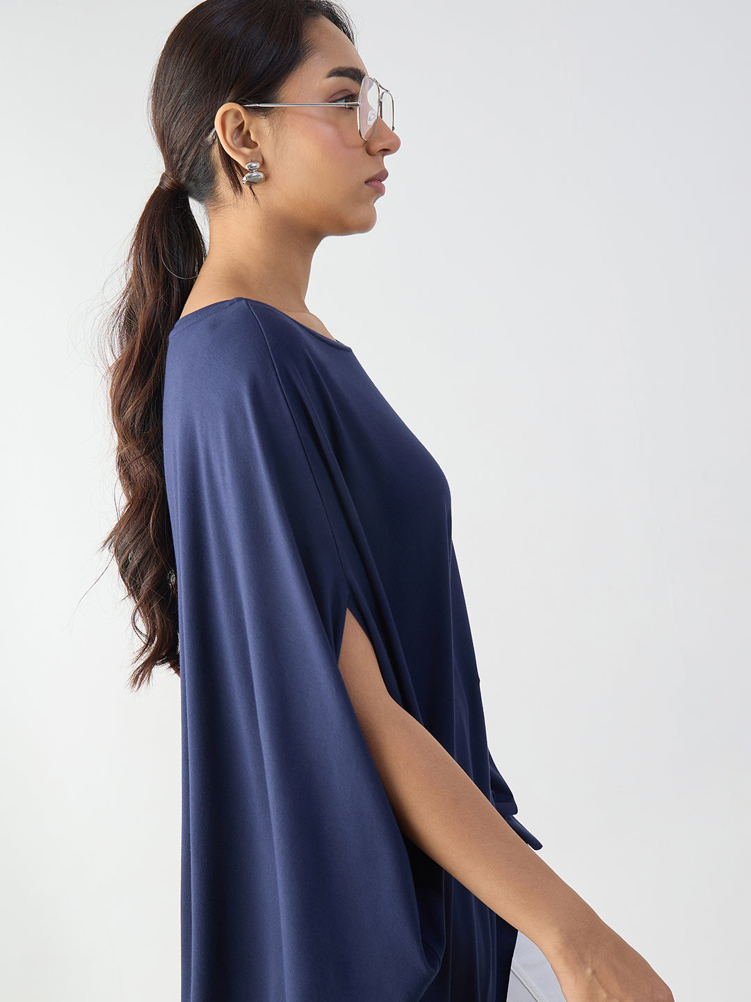 Bamboo Navy Knit Oversize Asymmetrical Top