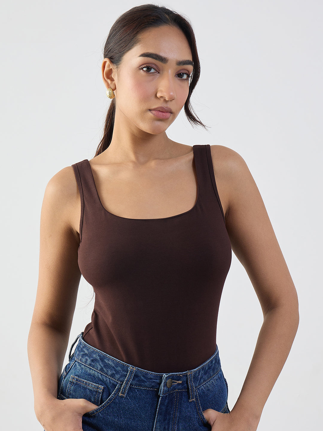 Coffee Brown Square Neck Knit Bodysuit