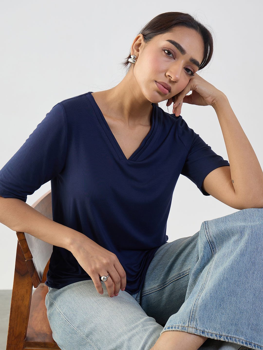 Bamboo Navy V-Neck Basic T- Shirt