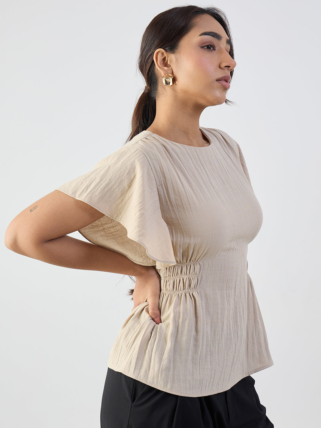 Beige Cinched Waist Top