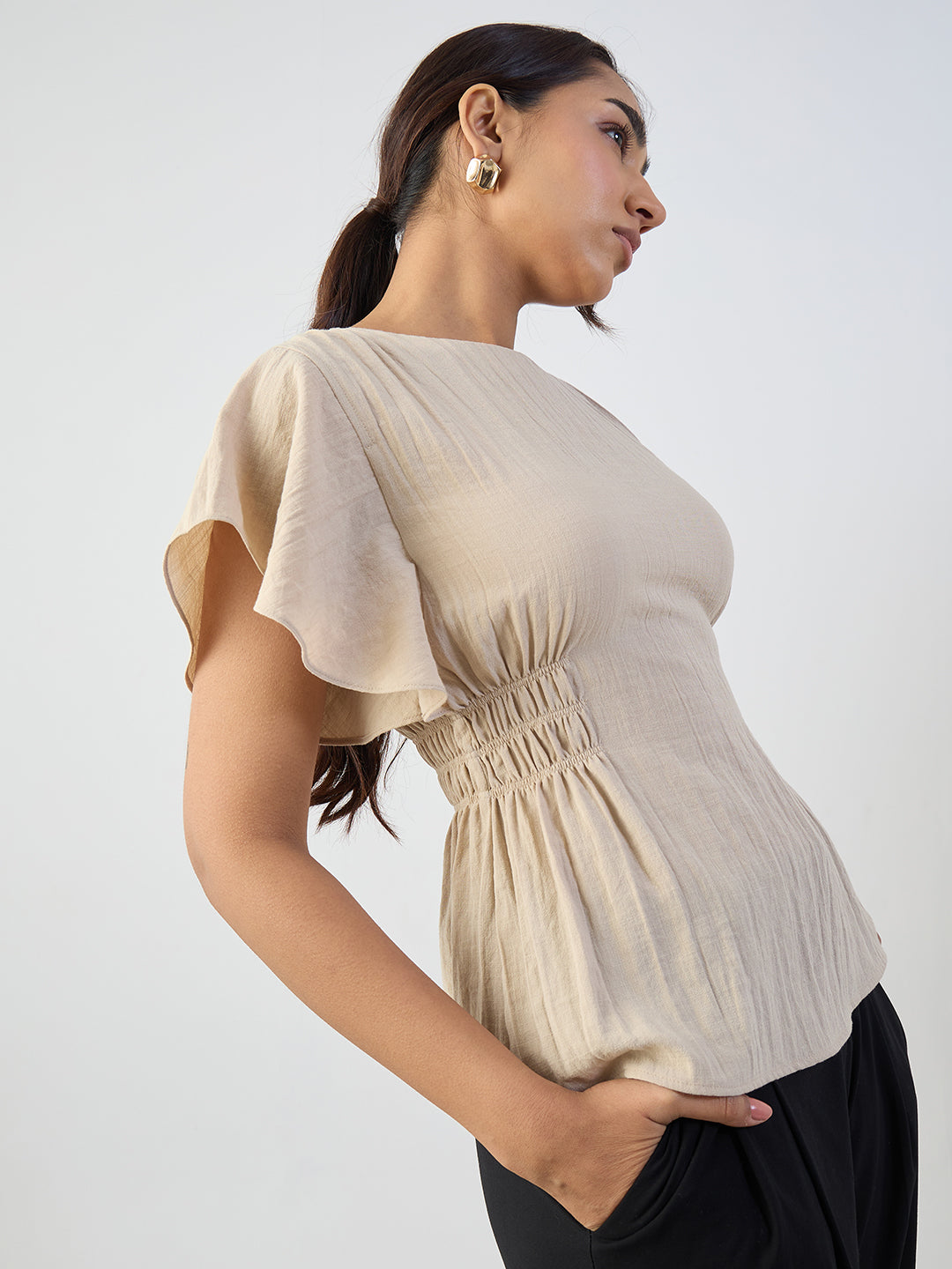 Beige Cinched Waist Top