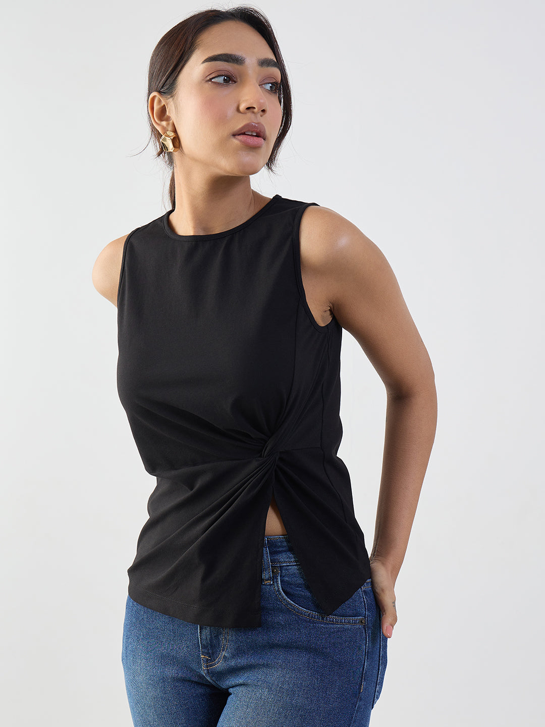 Black Cotton Knit Side Knot Detail Top