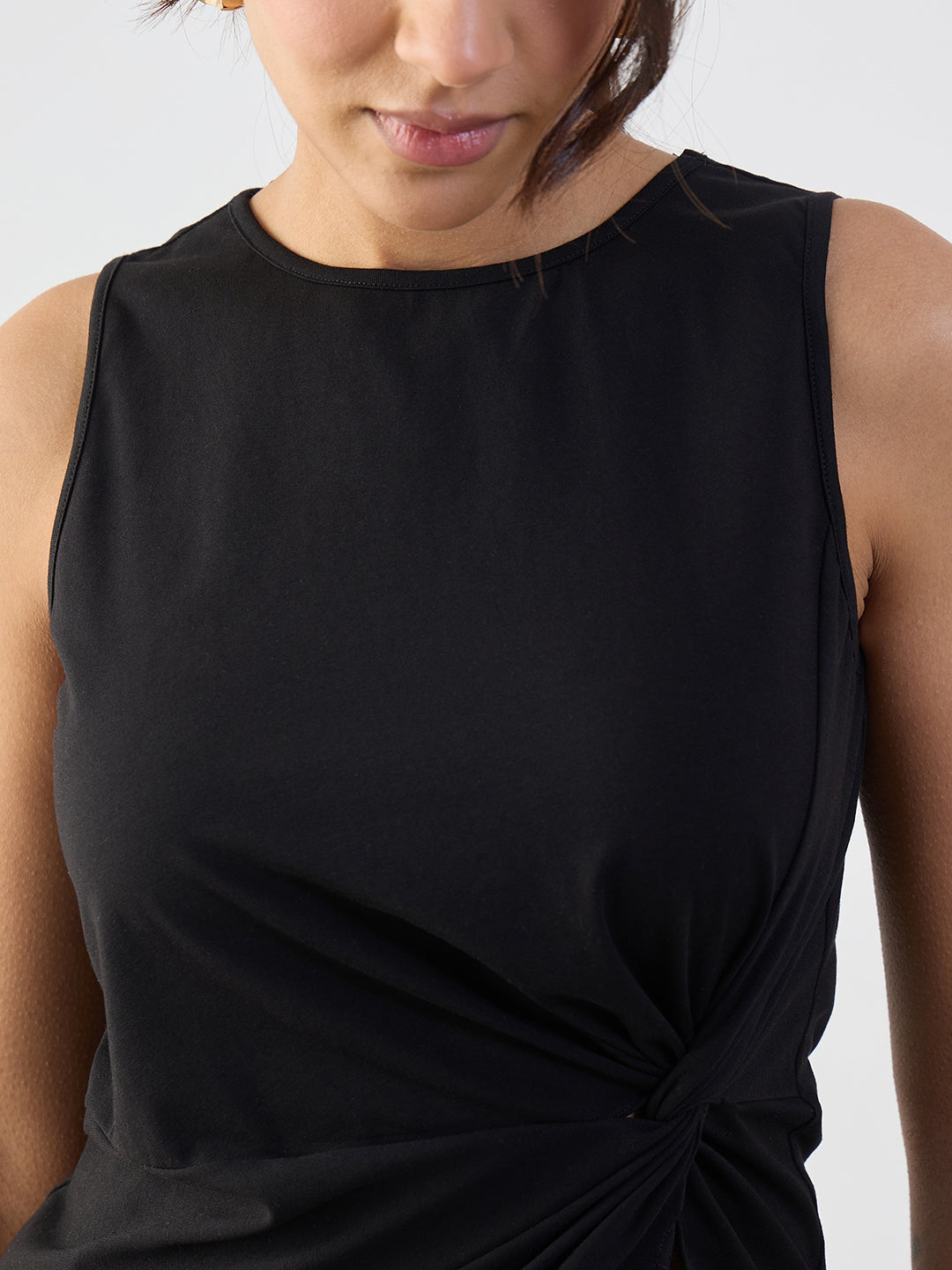 Black Cotton Knit Side Knot Detail Top