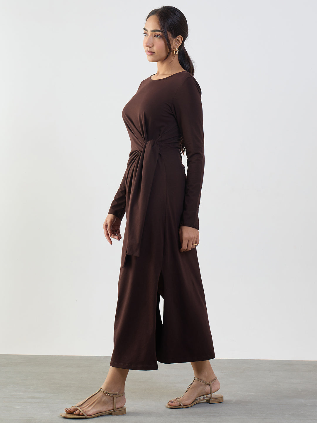 Coffee Brown Cotton Knit Tie-Up Maxi Dress