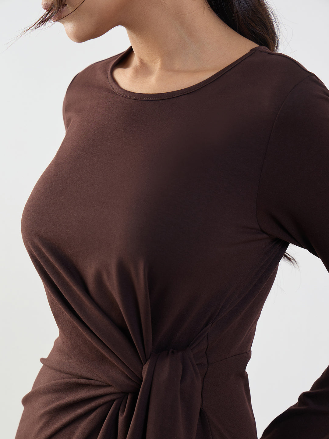 Coffee Brown Cotton Knit Tie-Up Maxi Dress