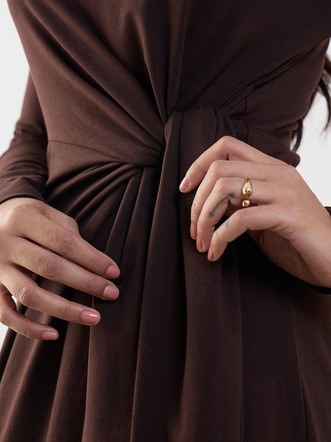 Coffee Brown Cotton Knit Tie-Up Maxi Dress