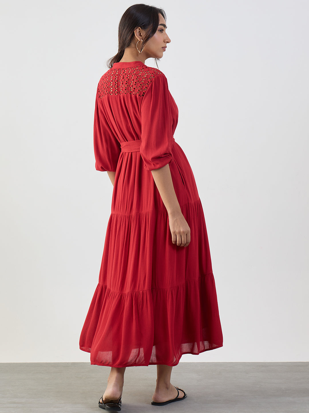 Red Schiffli Tiered Maxi Dress