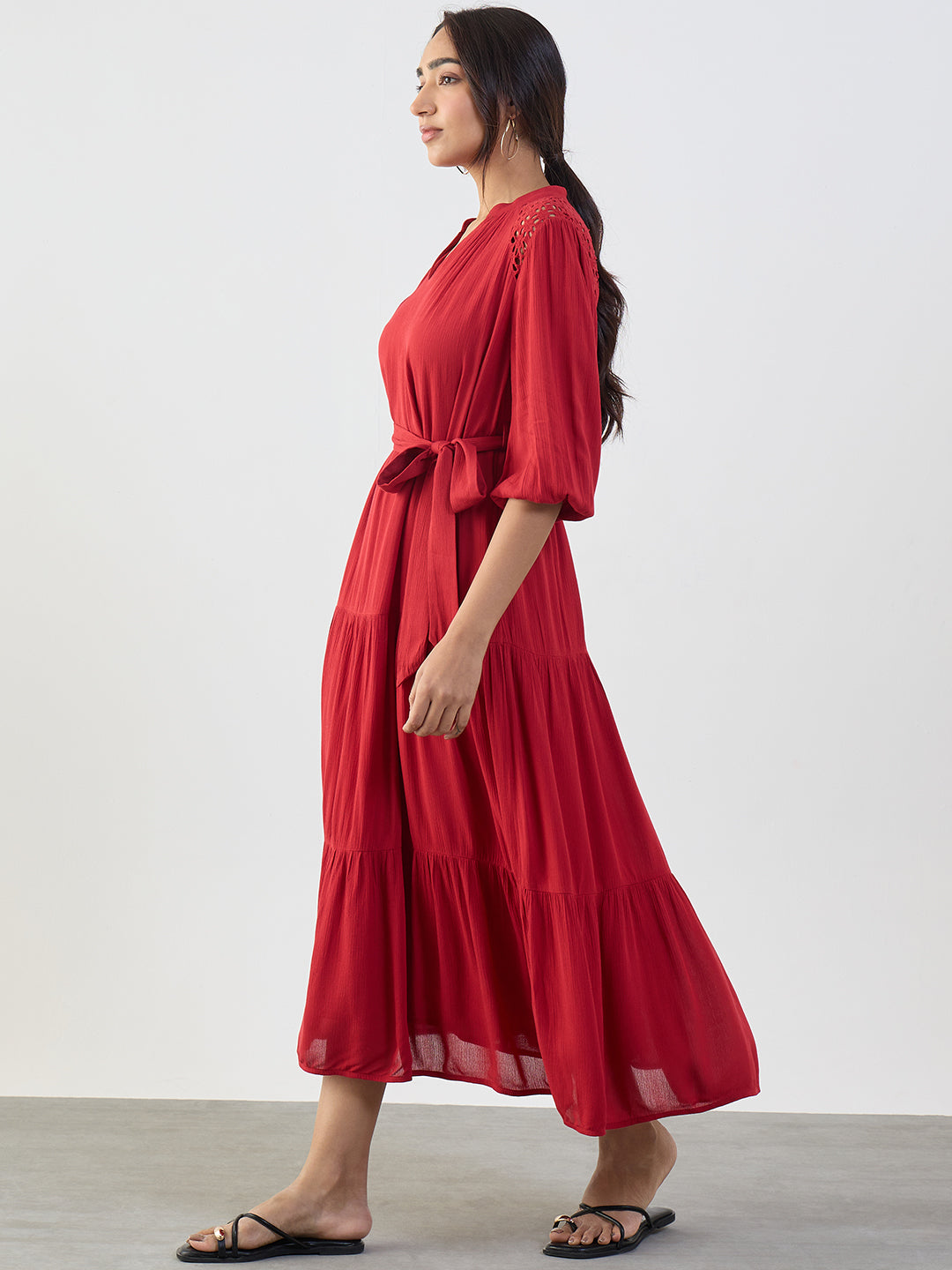 Red Schiffli Tiered Maxi Dress