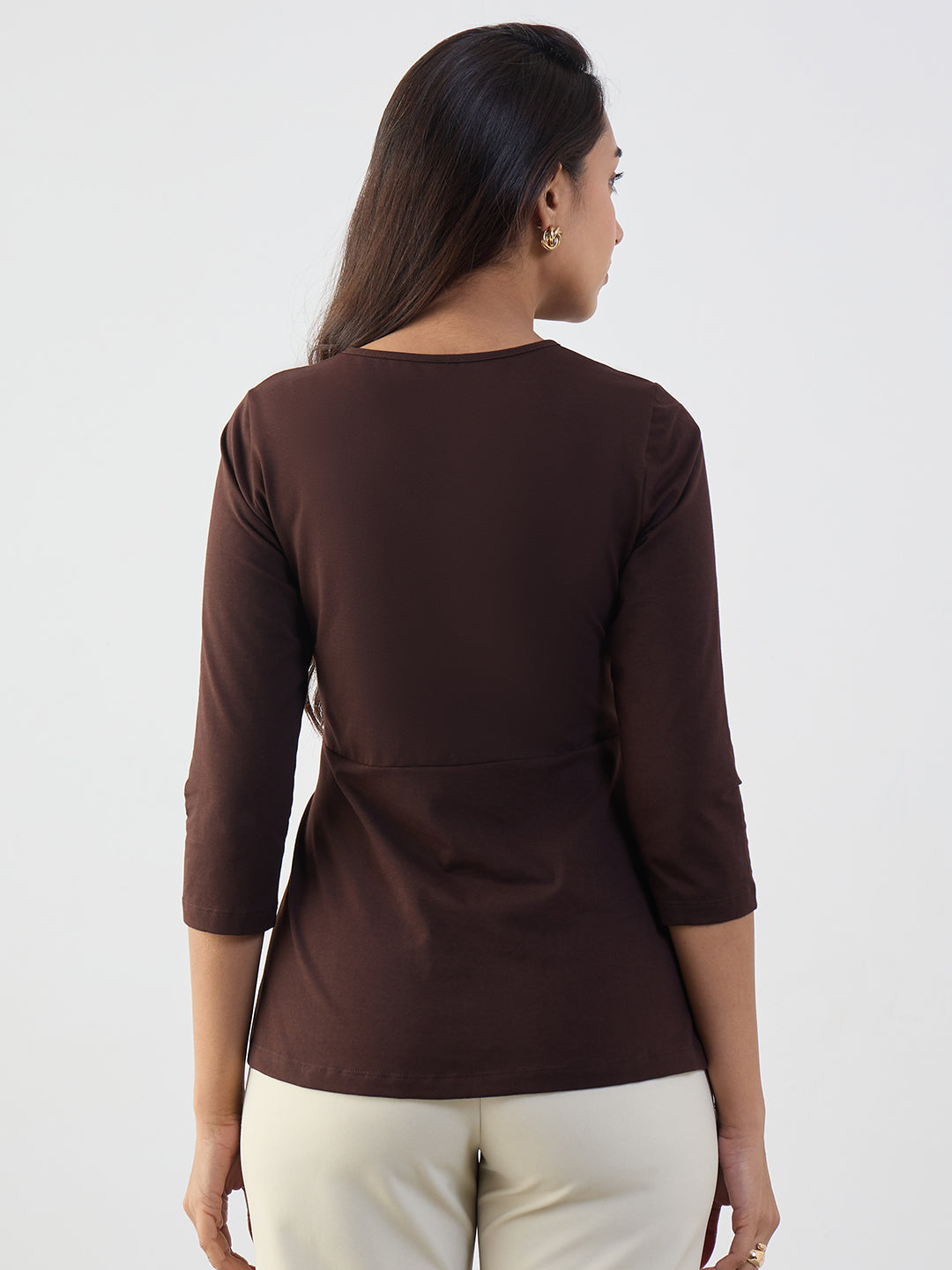 Coffee Brown Cotton Knit Tie-Up Top