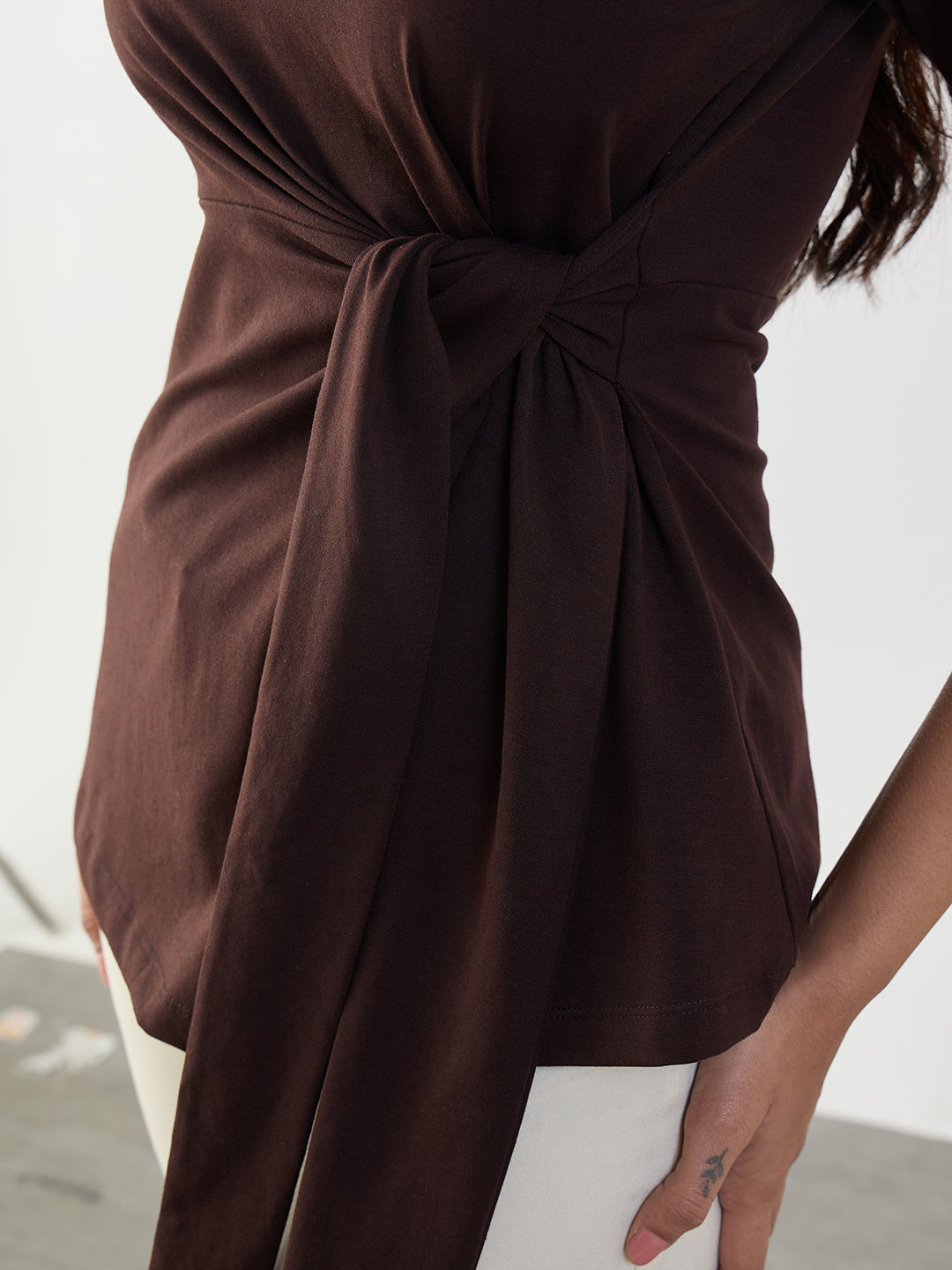 Coffee Brown Cotton Knit Tie-Up Top
