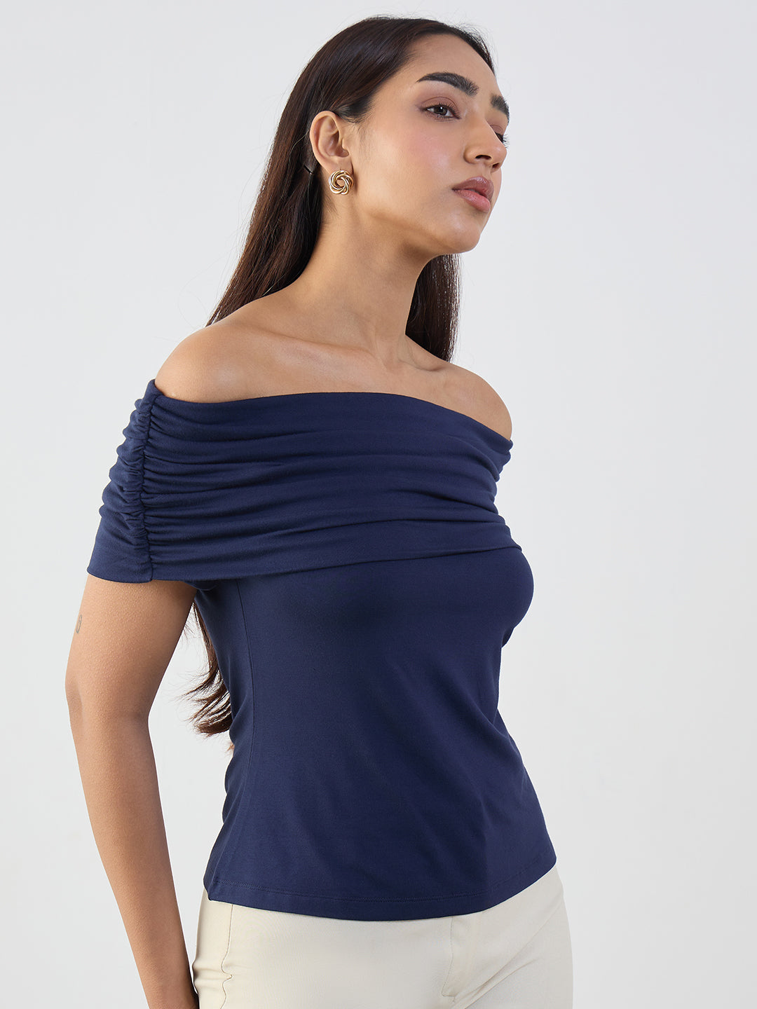 Bamboo Navy Knit Off Shoulder Top