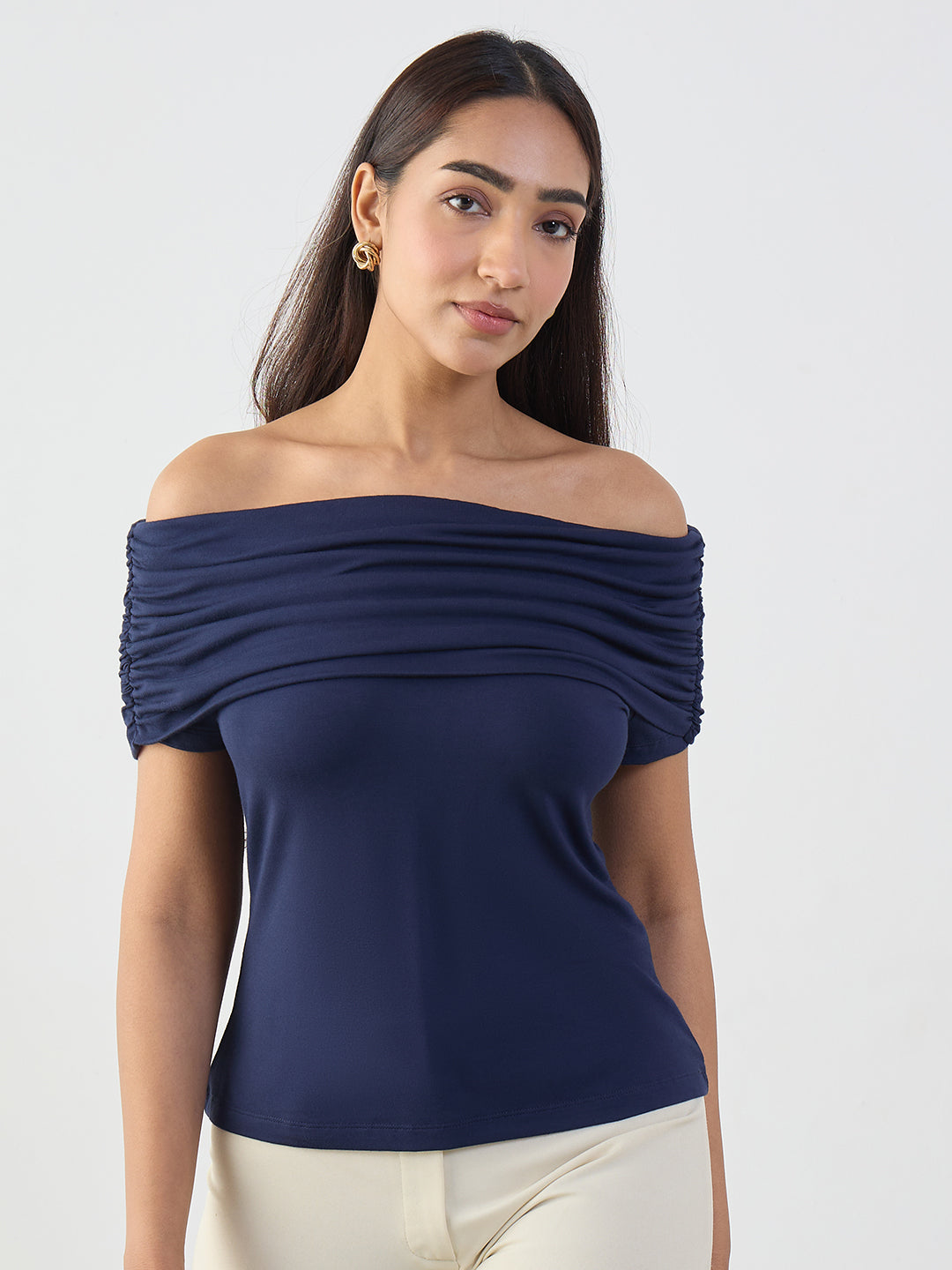 Bamboo Navy Knit Off Shoulder Top