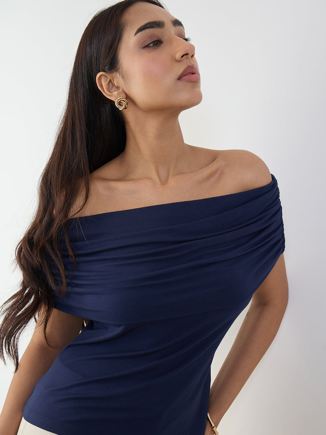 Bamboo Navy Knit Off Shoulder Top