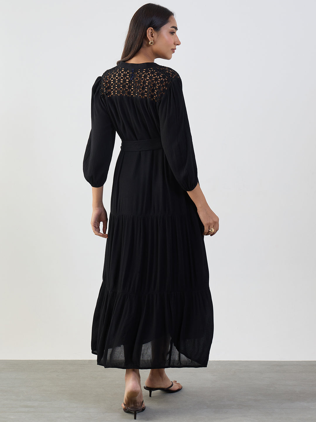 Black Schiffli Tiered Maxi Dress