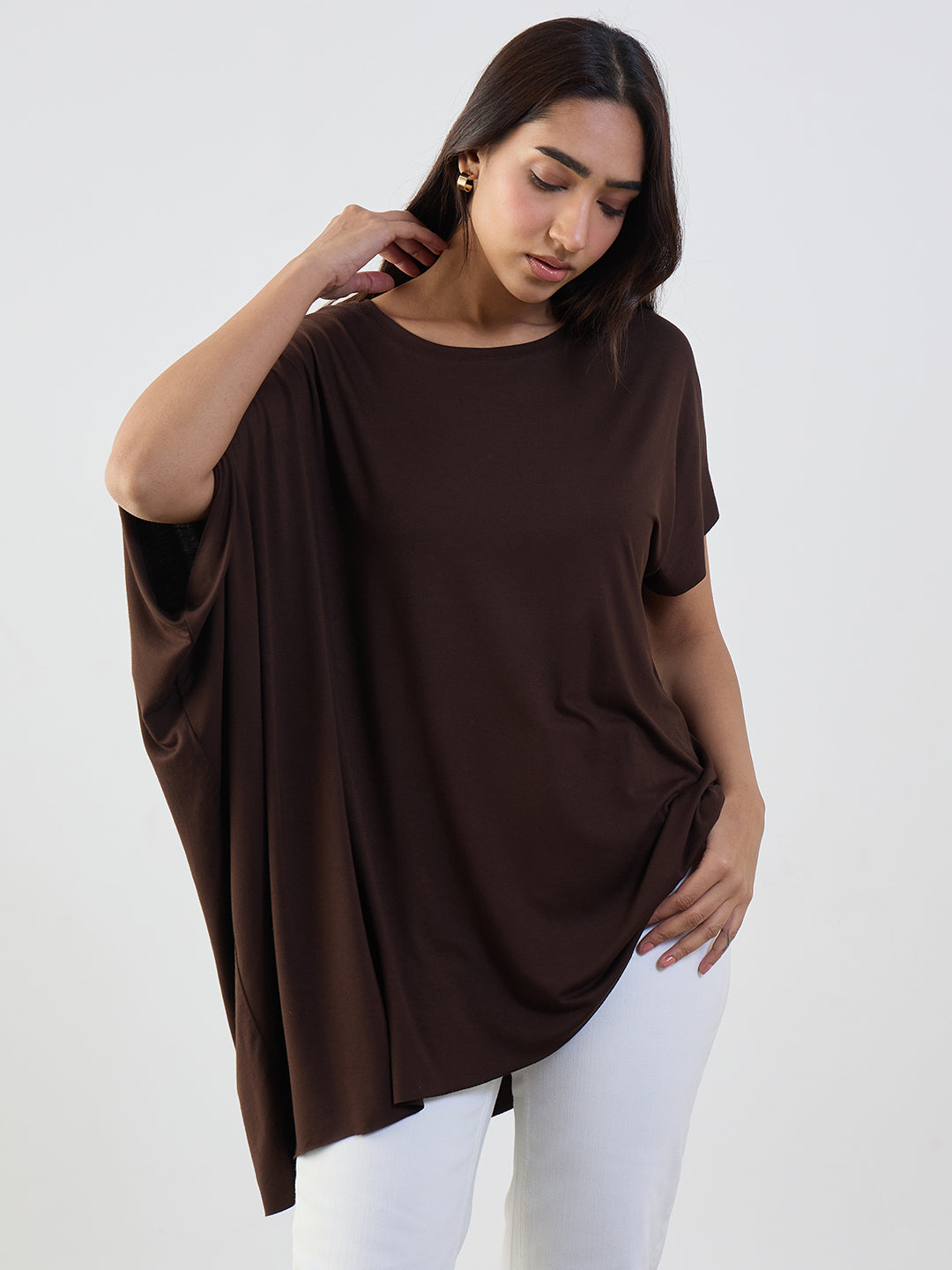 Bamboo Brown Knit Oversize Asymmetrical Top