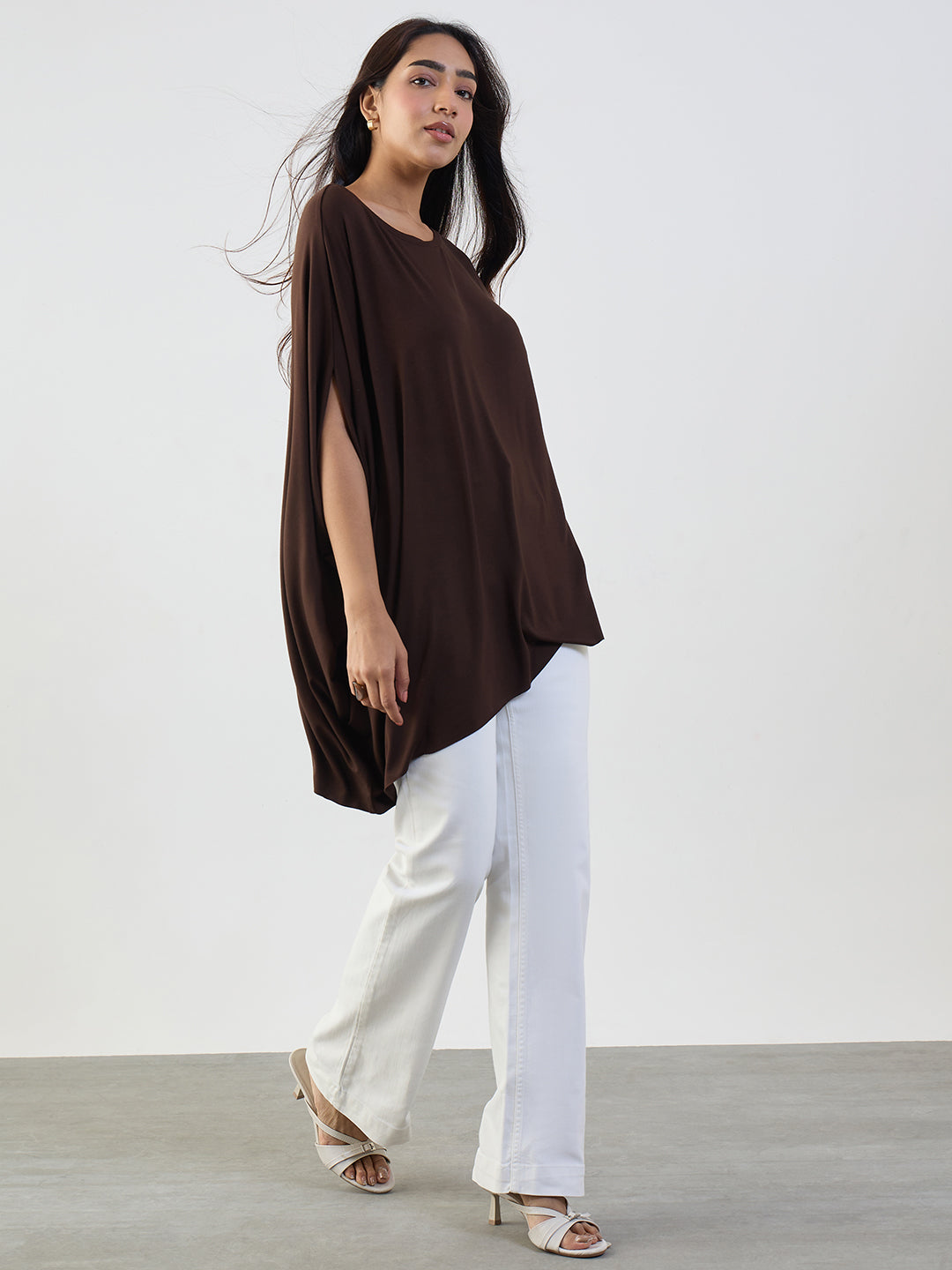 Bamboo Brown Knit Oversize Asymmetrical Top