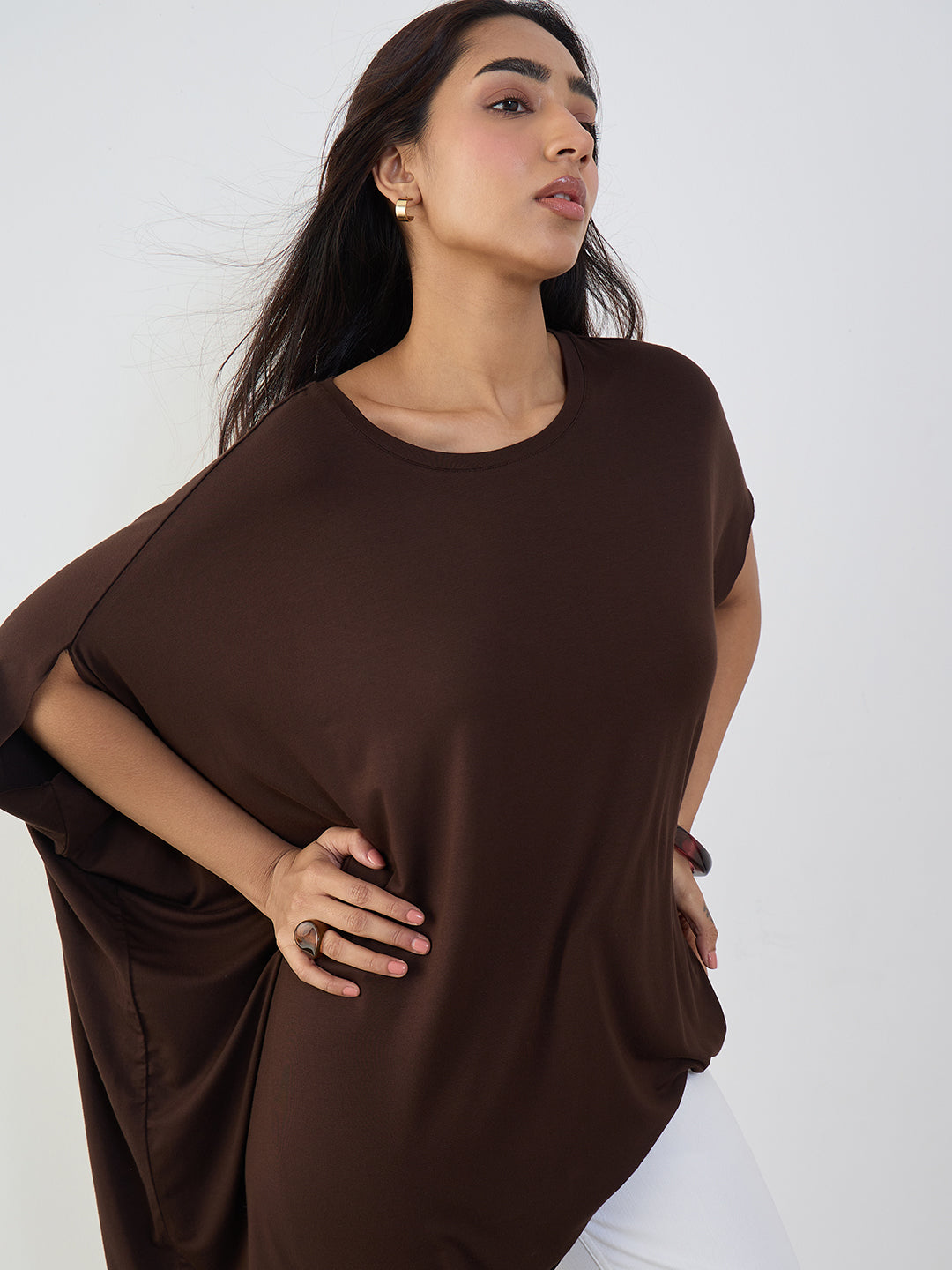 Bamboo Brown Knit Oversize Asymmetrical Top