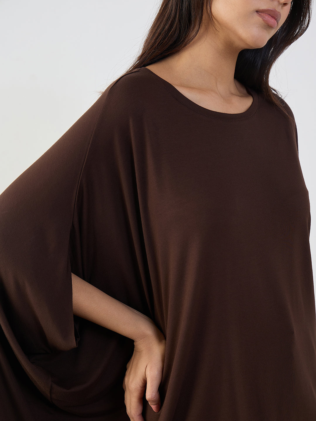 Bamboo Brown Knit Oversize Asymmetrical Top