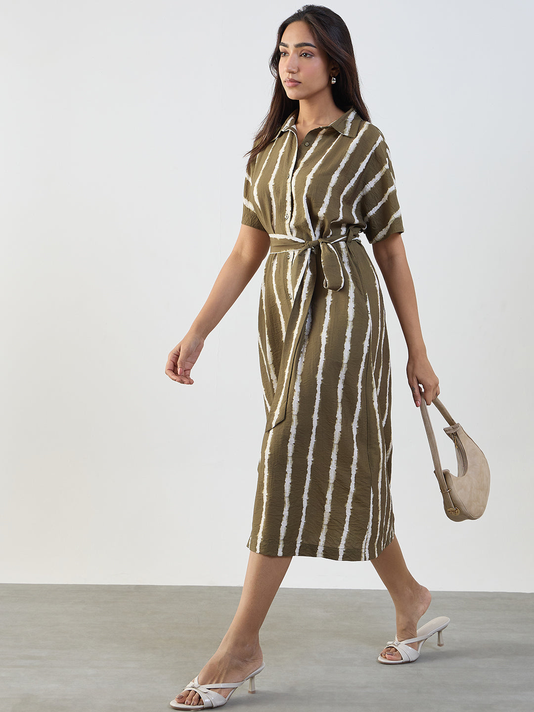 Green Abstract Stripe Shirt Midi Dress