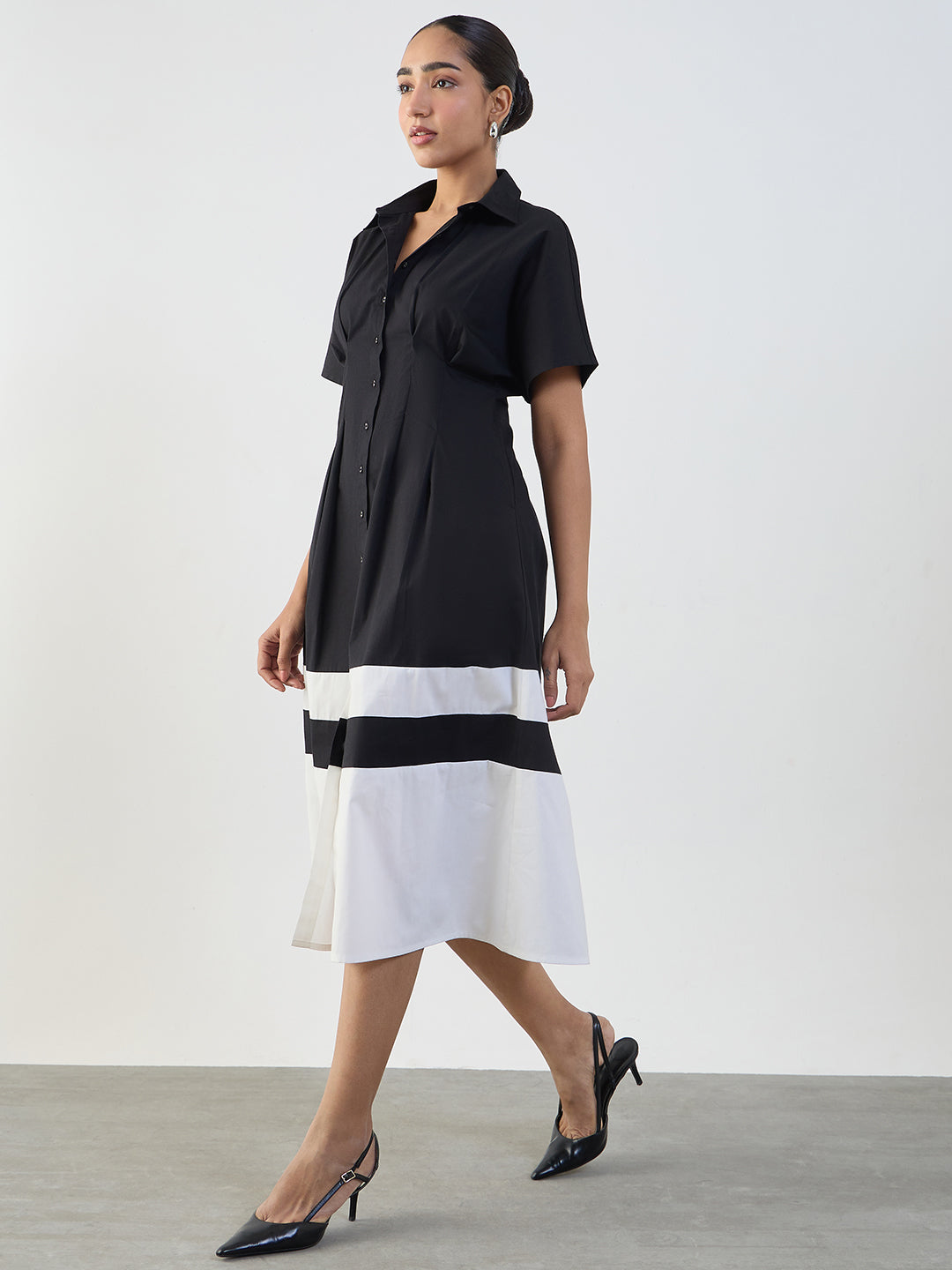 Black And White Poplin Colorblock Calf Length Dress