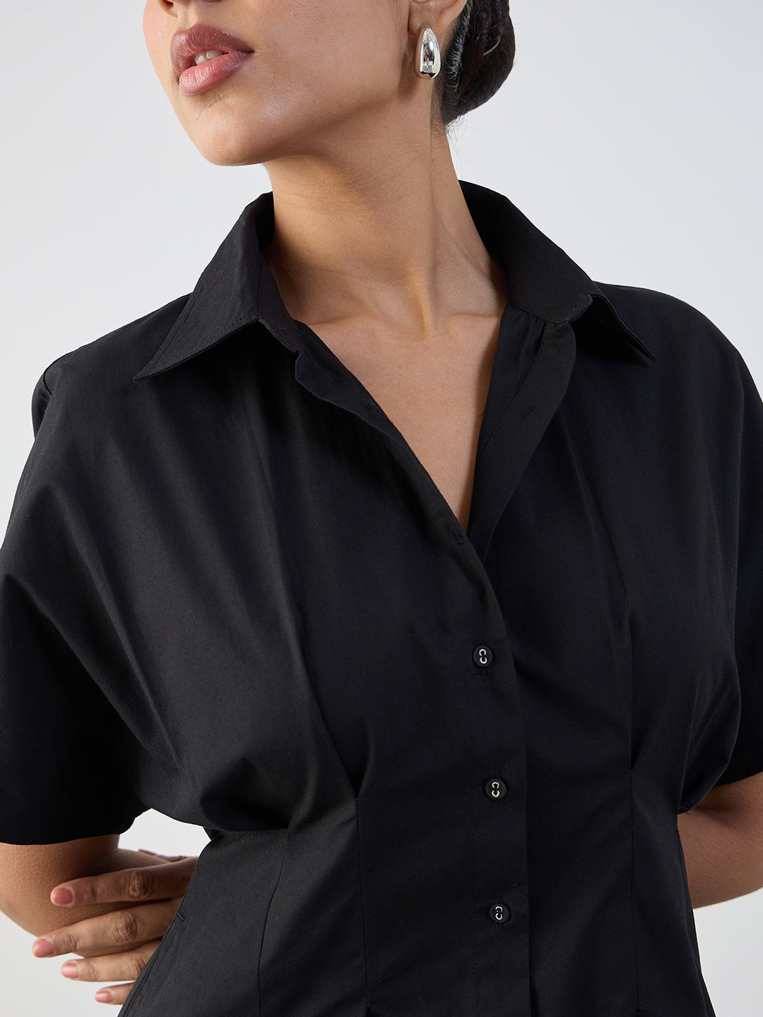 Black And White Poplin Colorblock Calf Length Dress