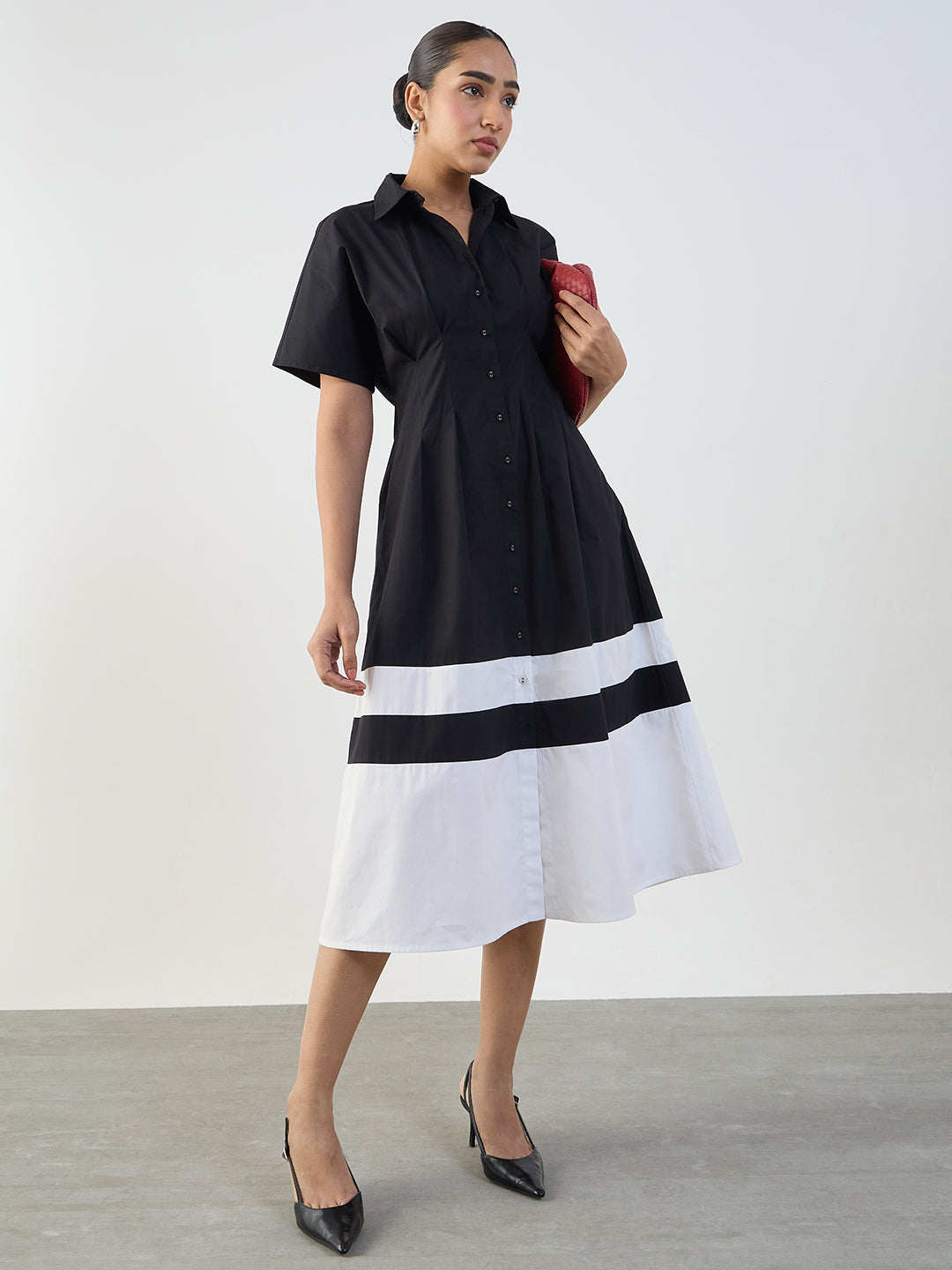 Black And White Poplin Colorblock Calf Length Dress