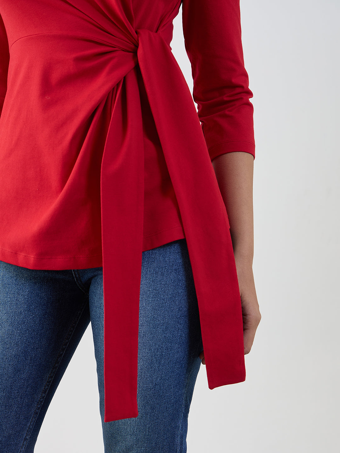 Red Cotton Knit Tie-Up Top