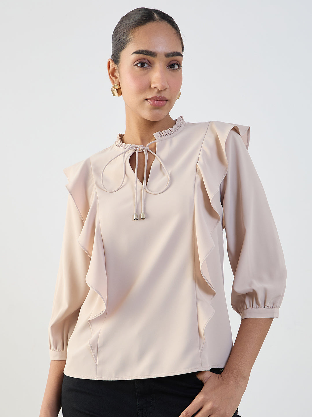 Beige Ruffle Detail Top