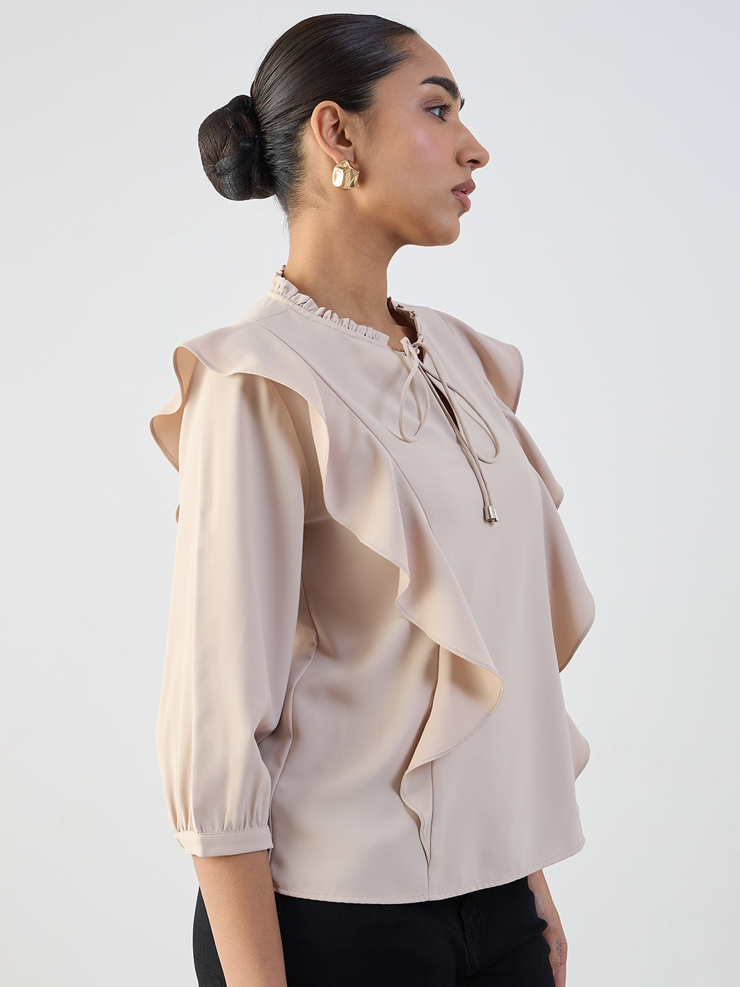 Beige Ruffle Detail Top
