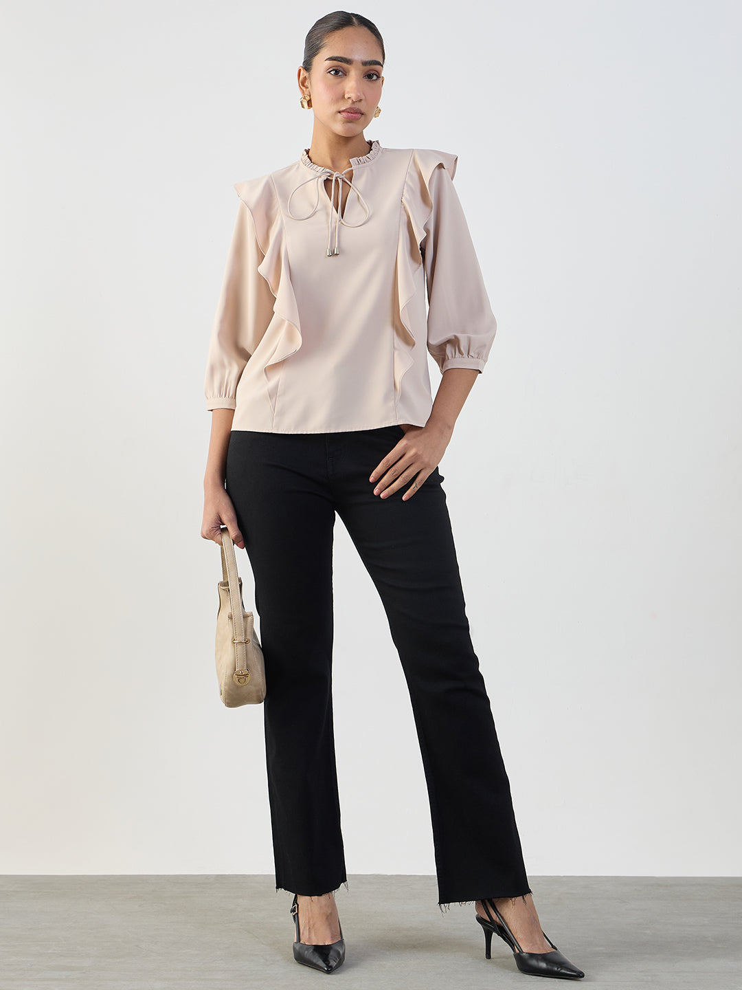 Beige Ruffle Detail Top