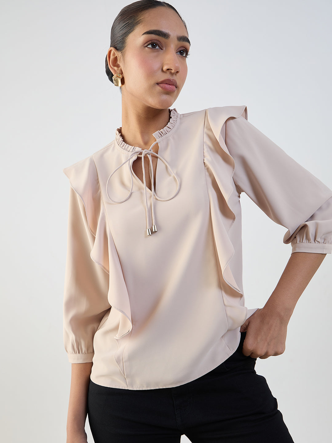 Beige Ruffle Detail Top