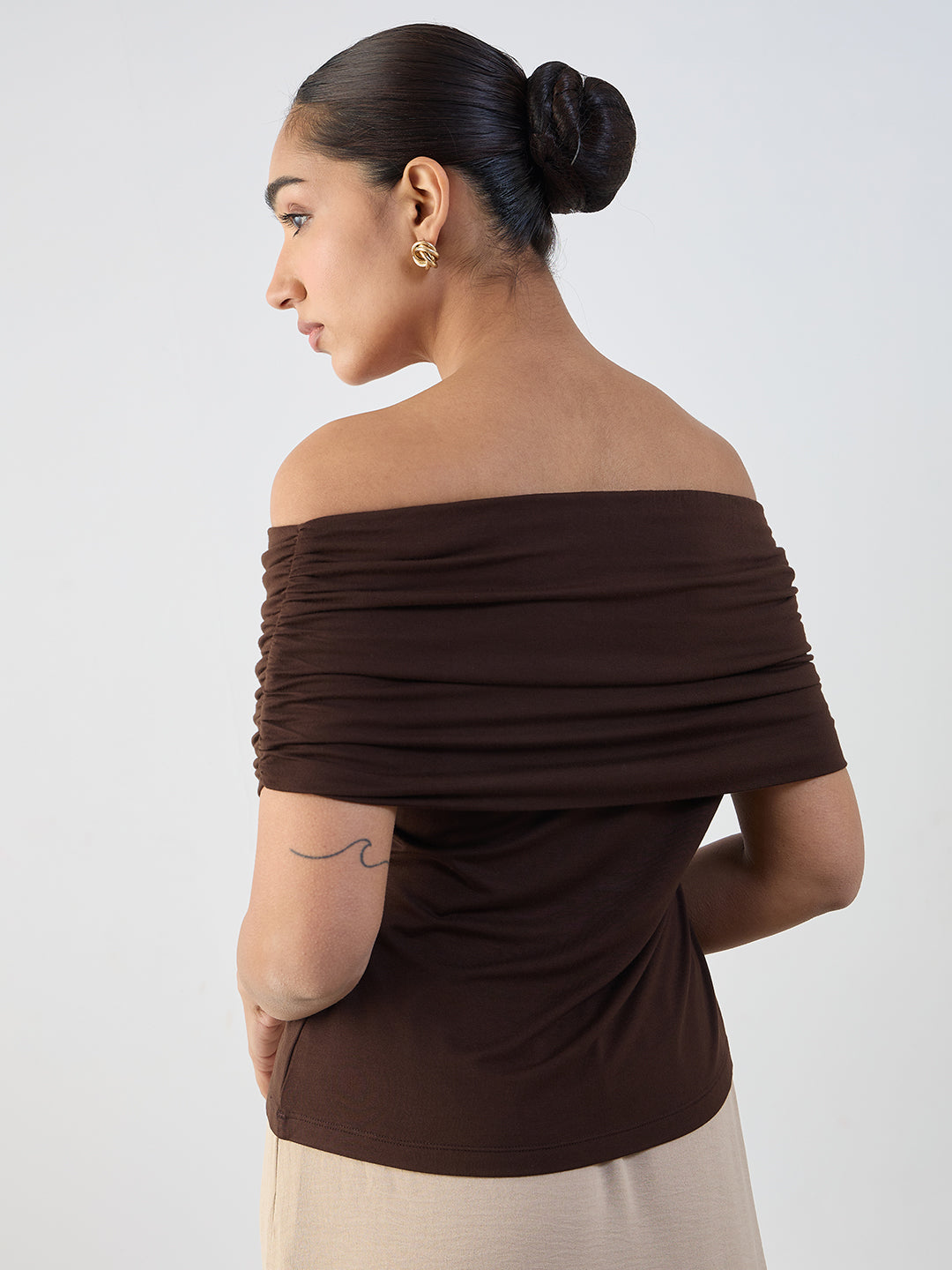 Bamboo Brown Knit Off Shoulder Top