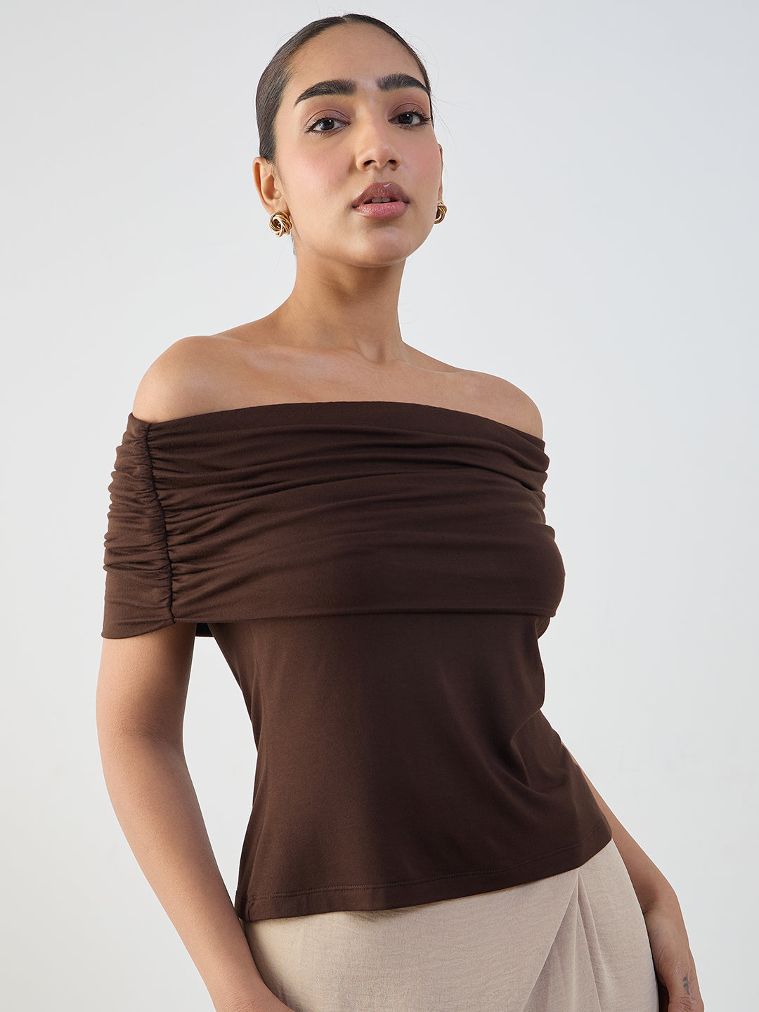 Bamboo Brown Knit Off Shoulder Top