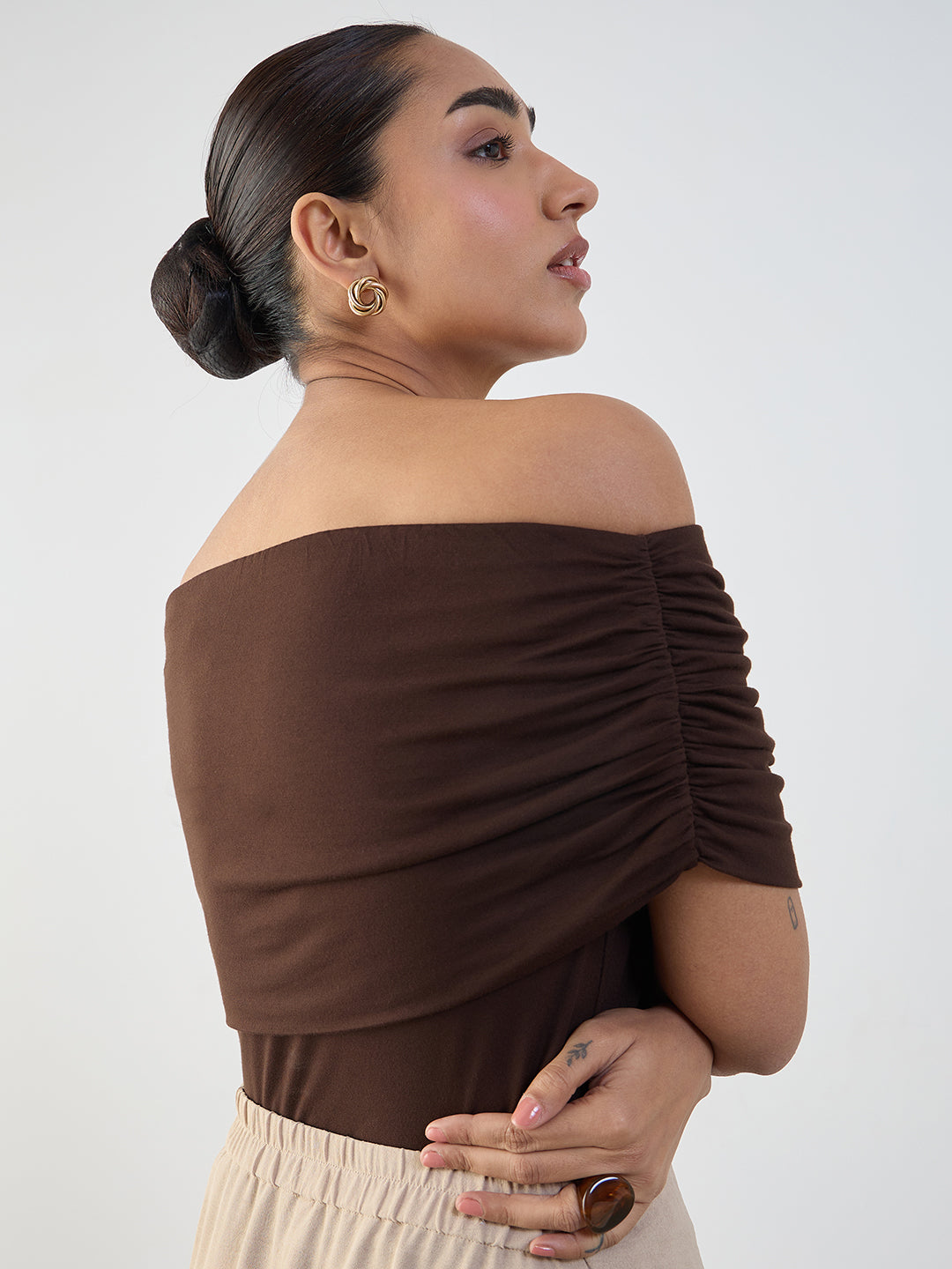 Bamboo Brown Knit Off Shoulder Top