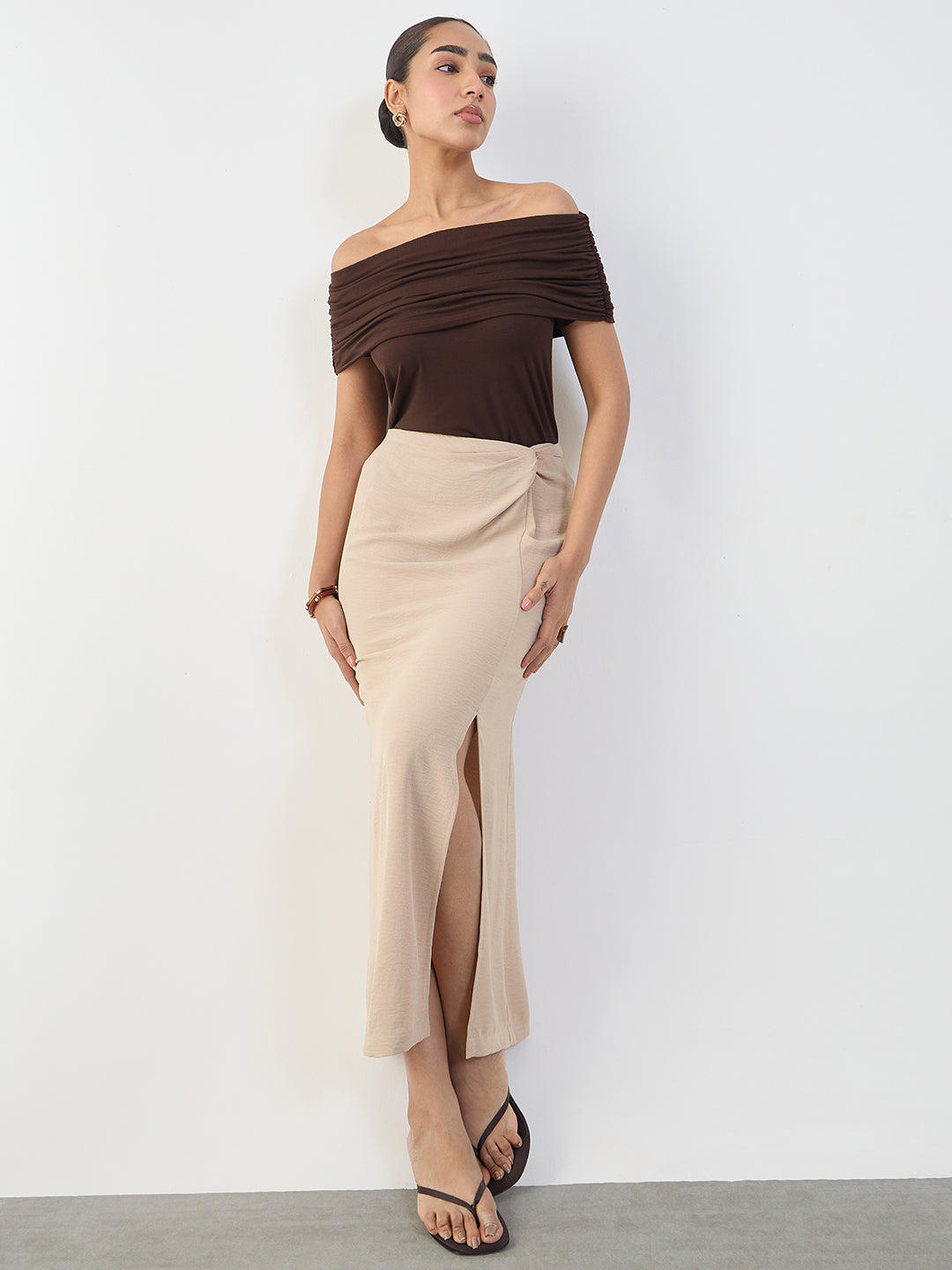Bamboo Brown Knit Off Shoulder Top