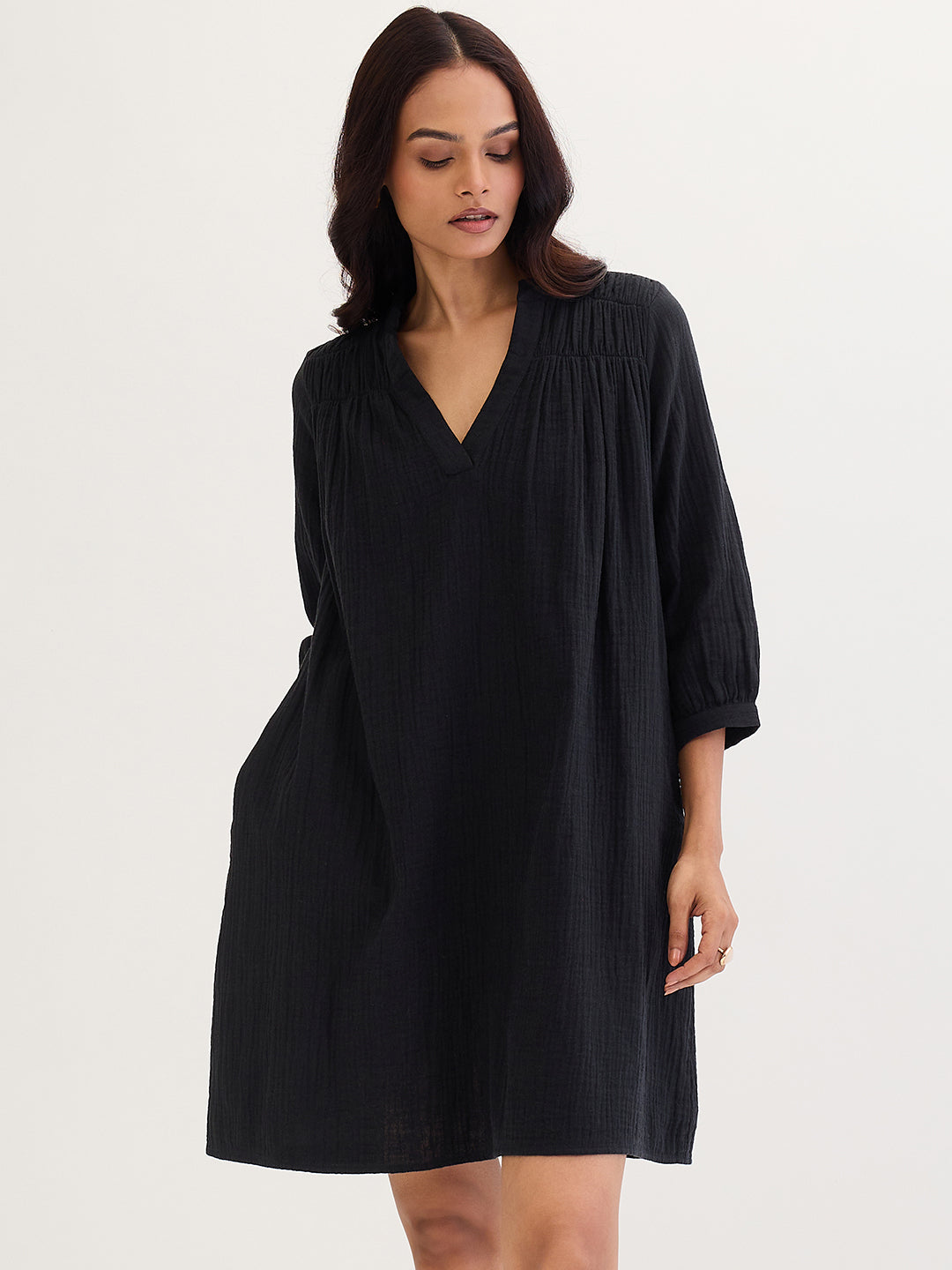 Cotton Gauze Black Sheath Knee Length Dress