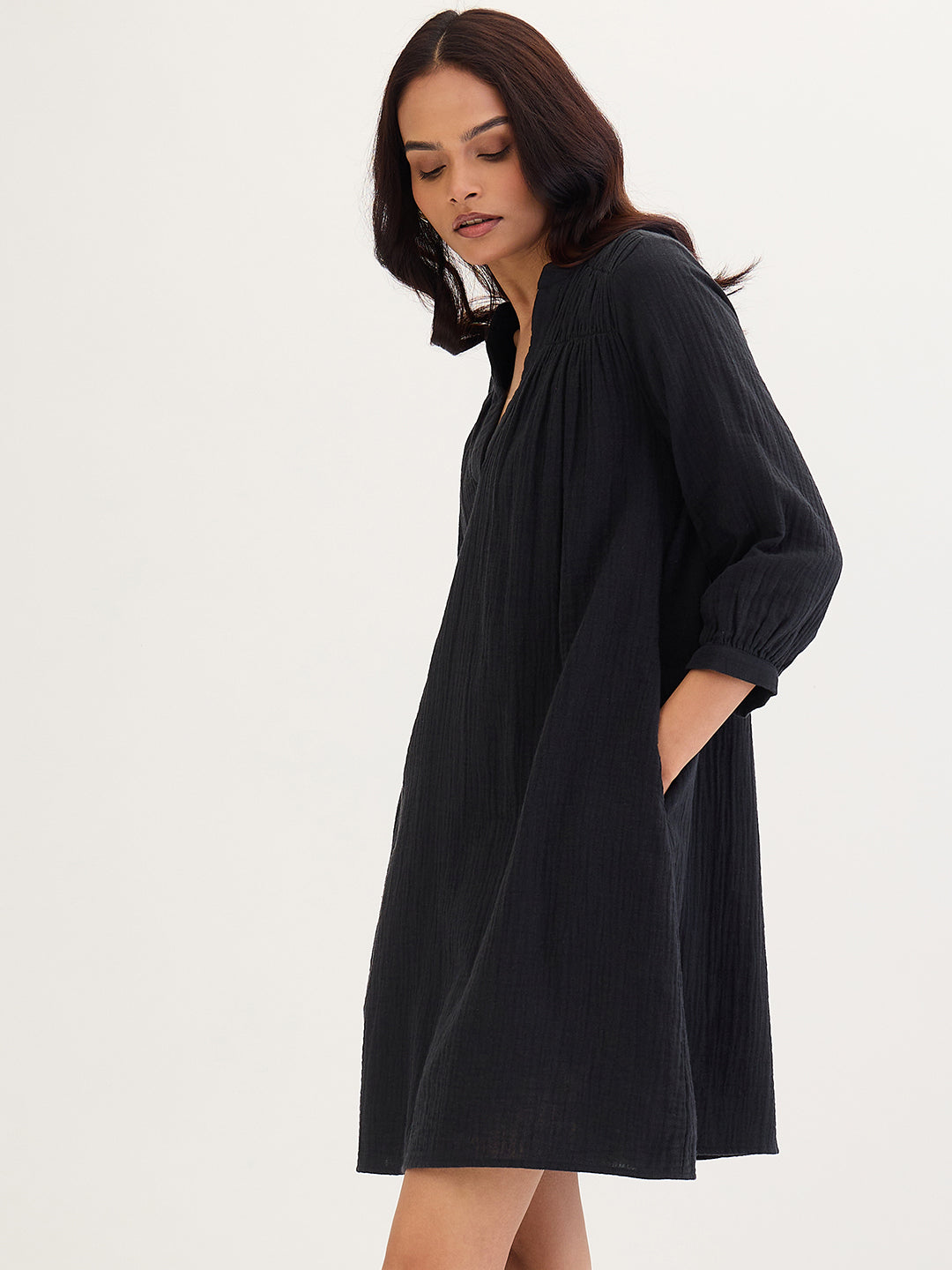 Cotton Gauze Black Sheath Knee Length Dress