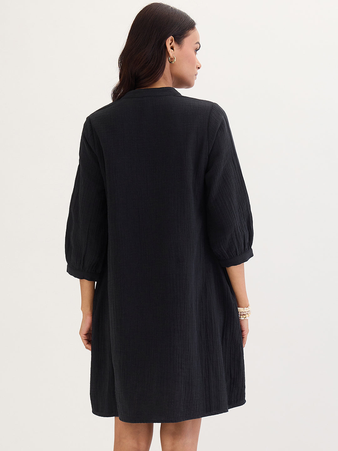 Cotton Gauze Black Sheath Knee Length Dress