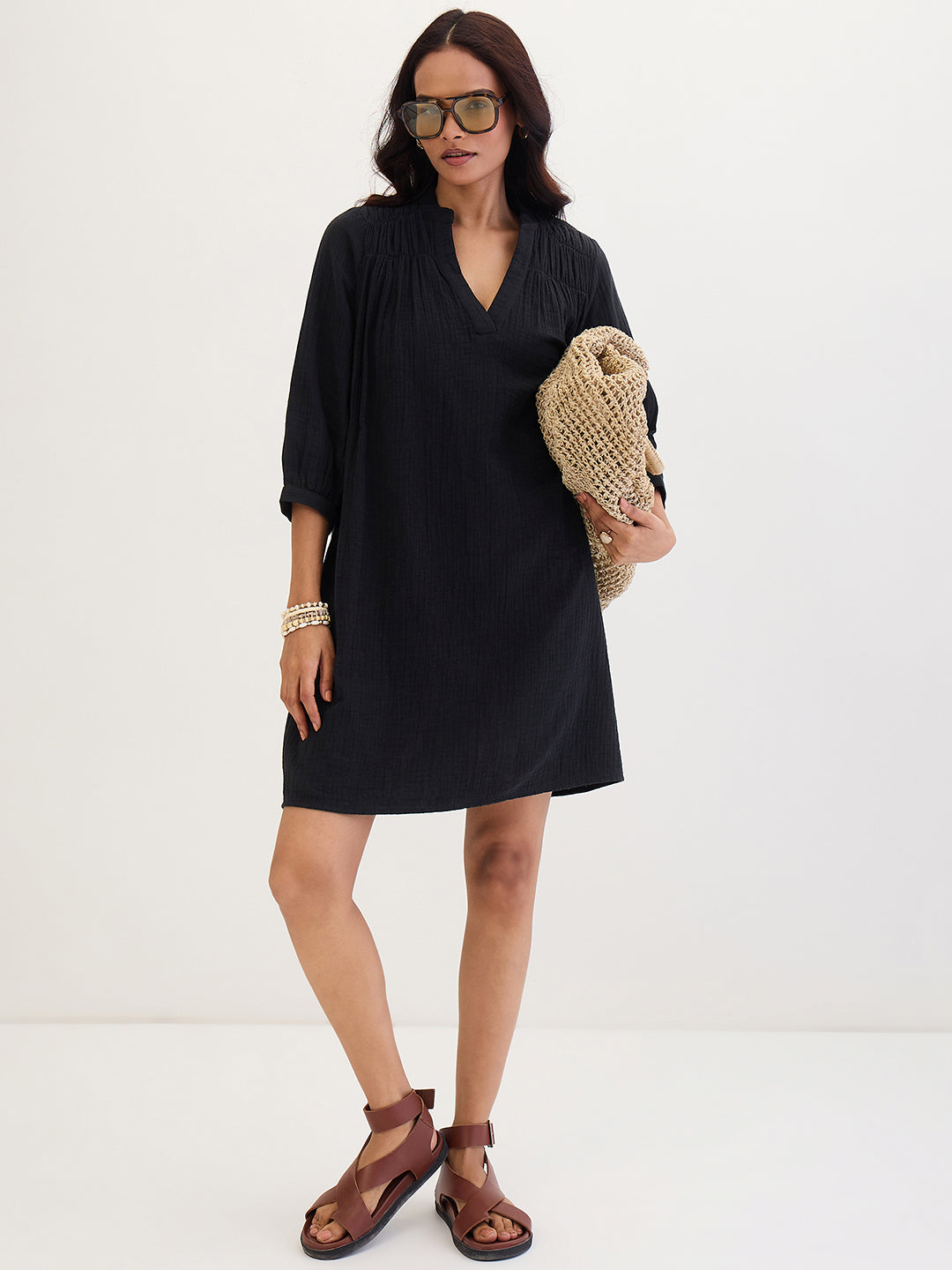 Cotton Gauze Black Sheath Knee Length Dress