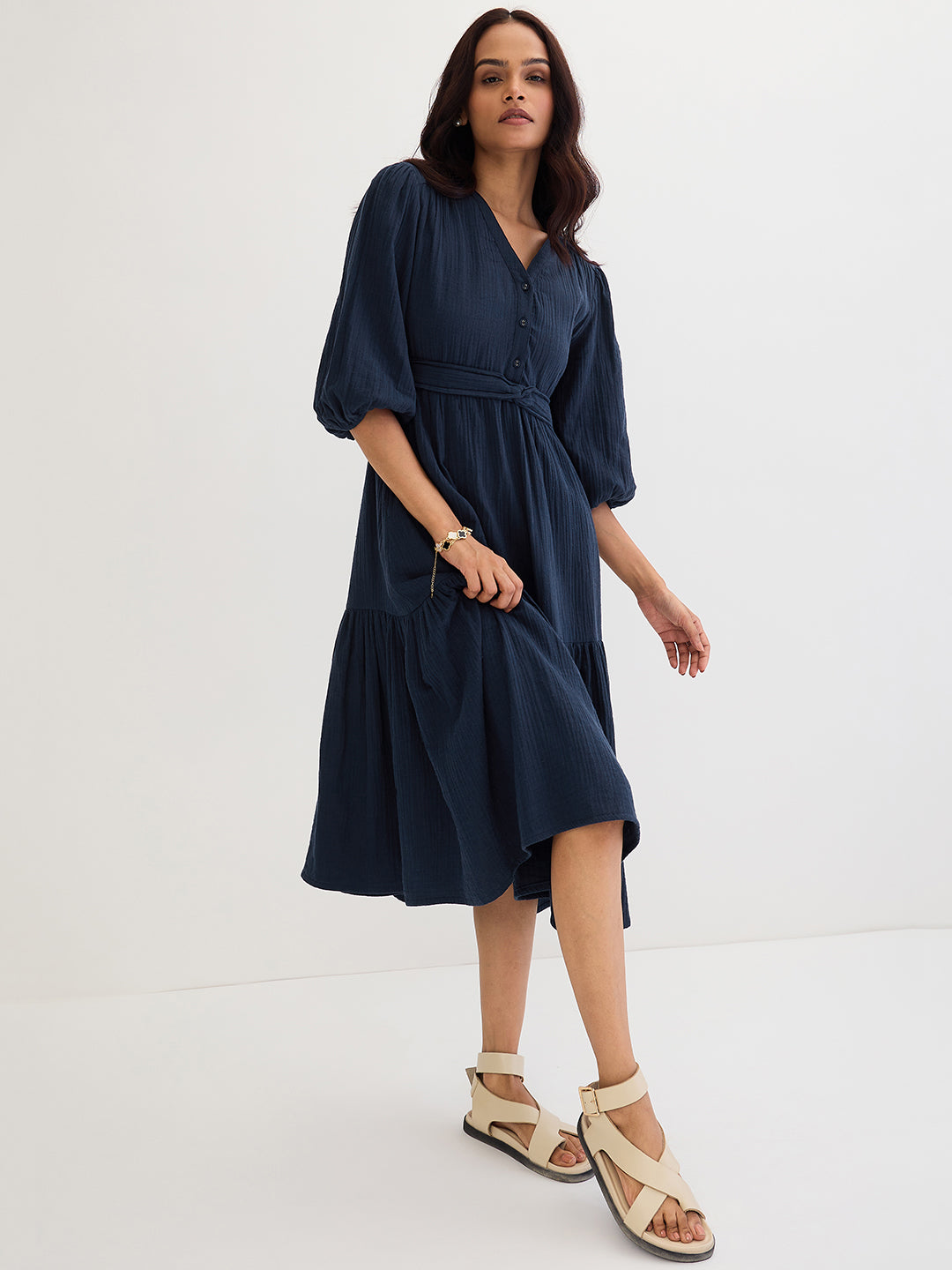 Cotton Gauze Midnight Blue Knot Detail Midi Dress