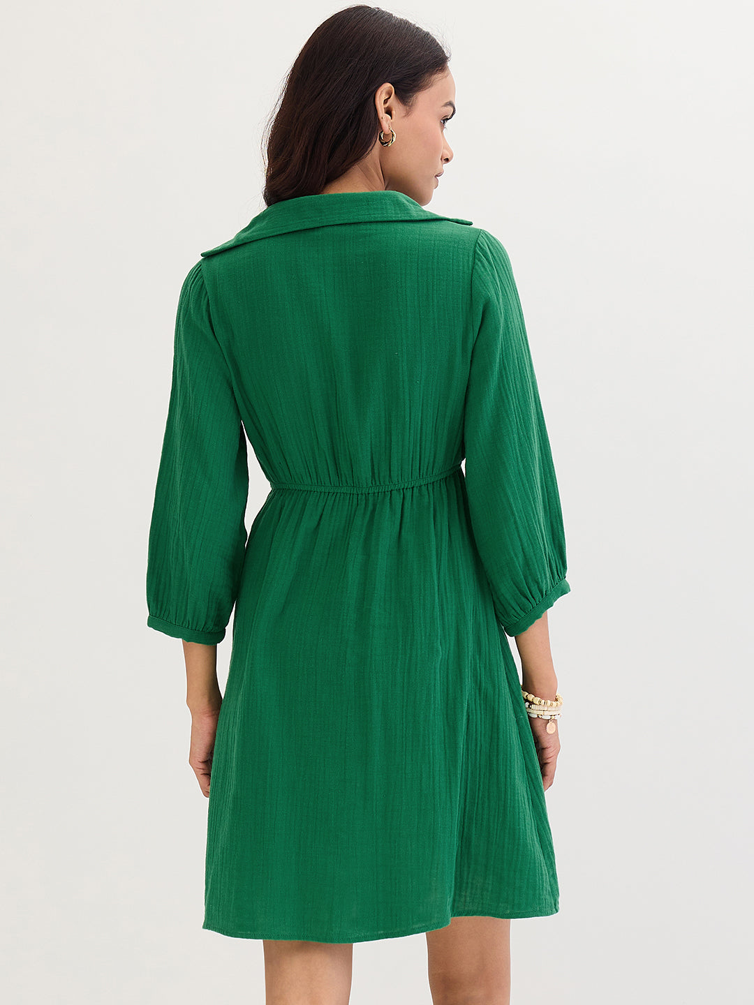 Cotton Gauze Bright Green Wrap Knee Length Dress